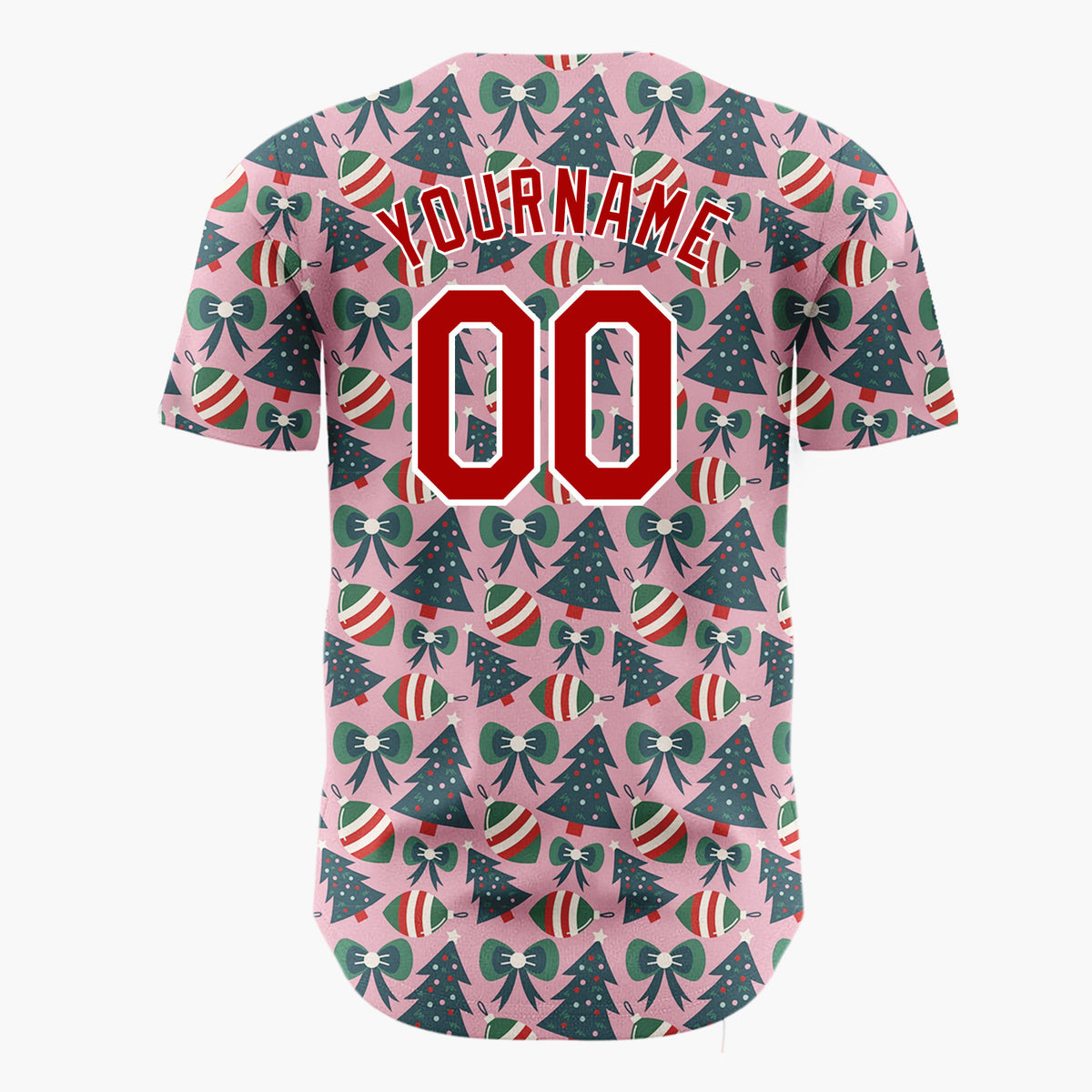Custom Pink Green Trees Bows And Ornaments Cute Christmas Baseball Jersey