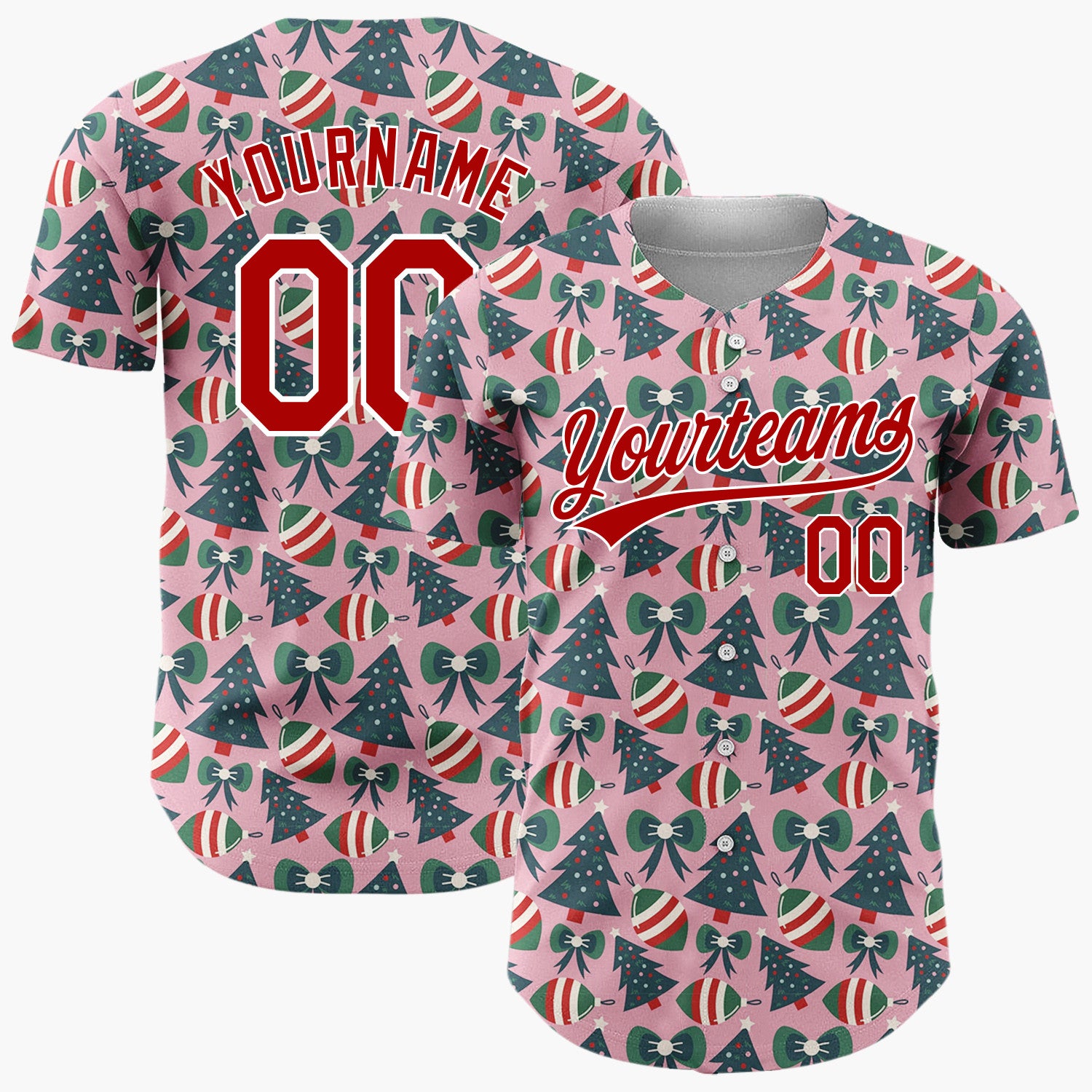 Custom Pink Green Trees Bows And Ornaments Cute Christmas Baseball Jersey
