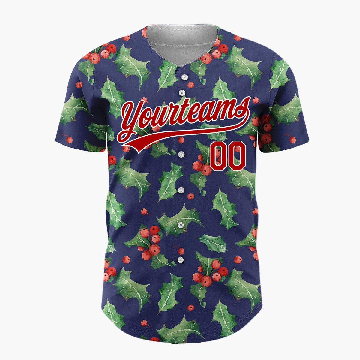 Custom Navy Holly Leaves And Berries Watercolor Christmas Baseball Jersey