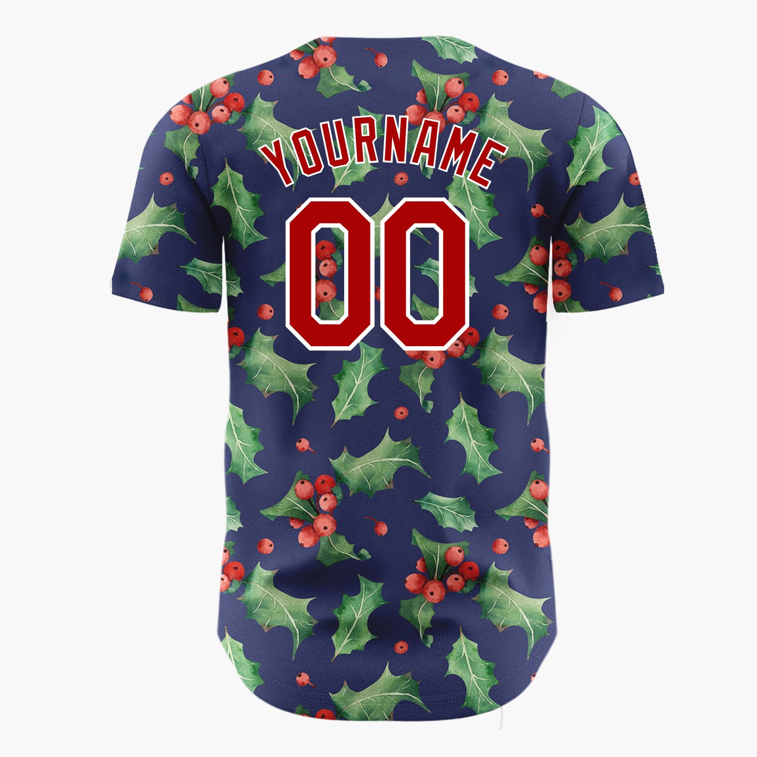 Custom Navy Holly Leaves And Berries Watercolor Christmas Baseball Jersey