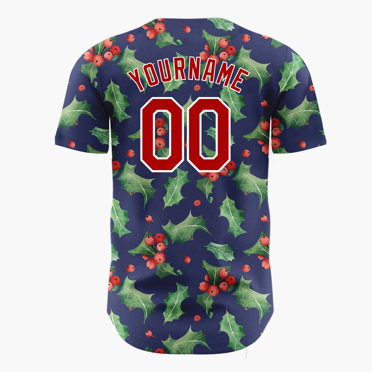 Custom Navy Holly Leaves And Berries Watercolor Christmas Baseball Jersey