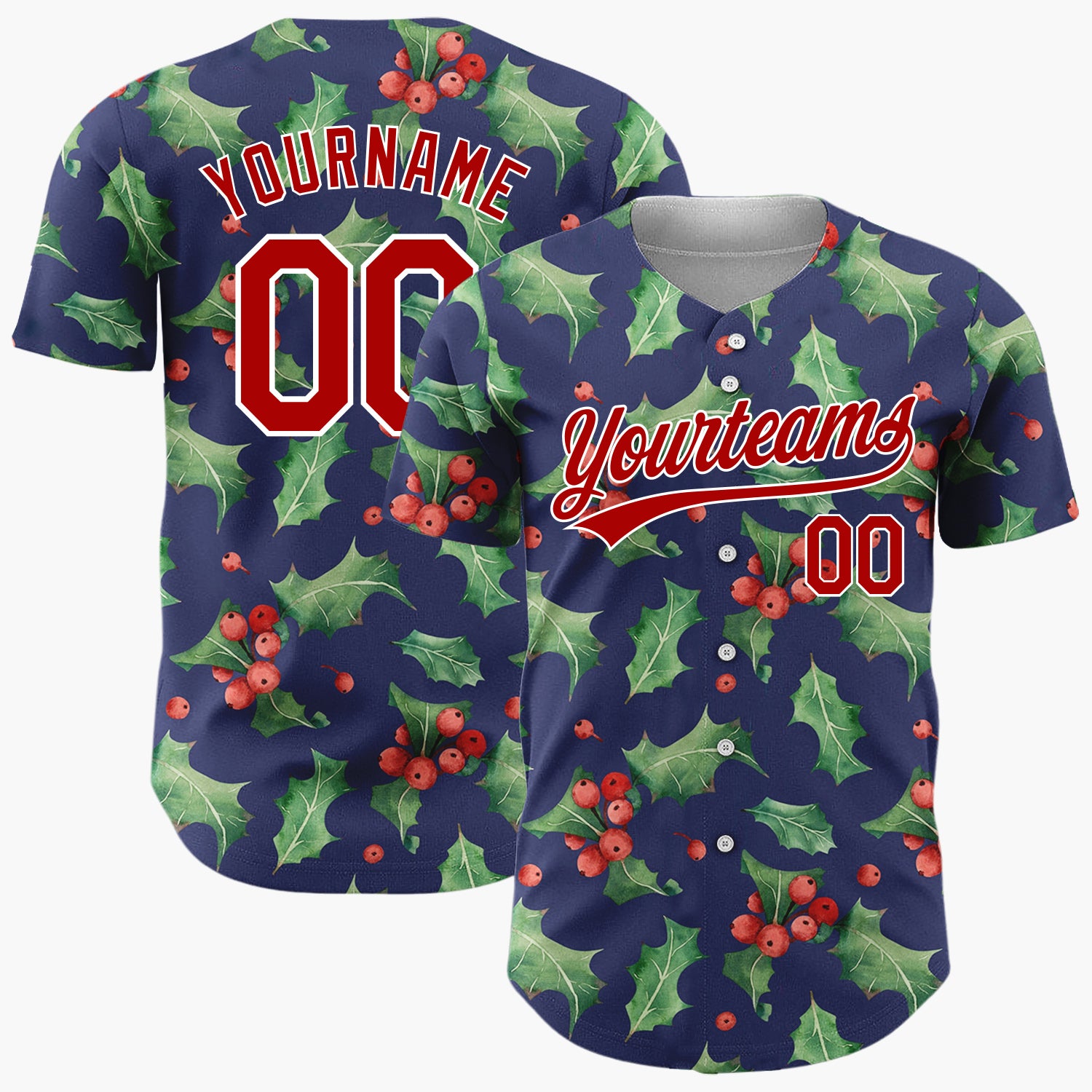 Custom Navy Holly Leaves And Berries Watercolor Christmas Baseball Jersey