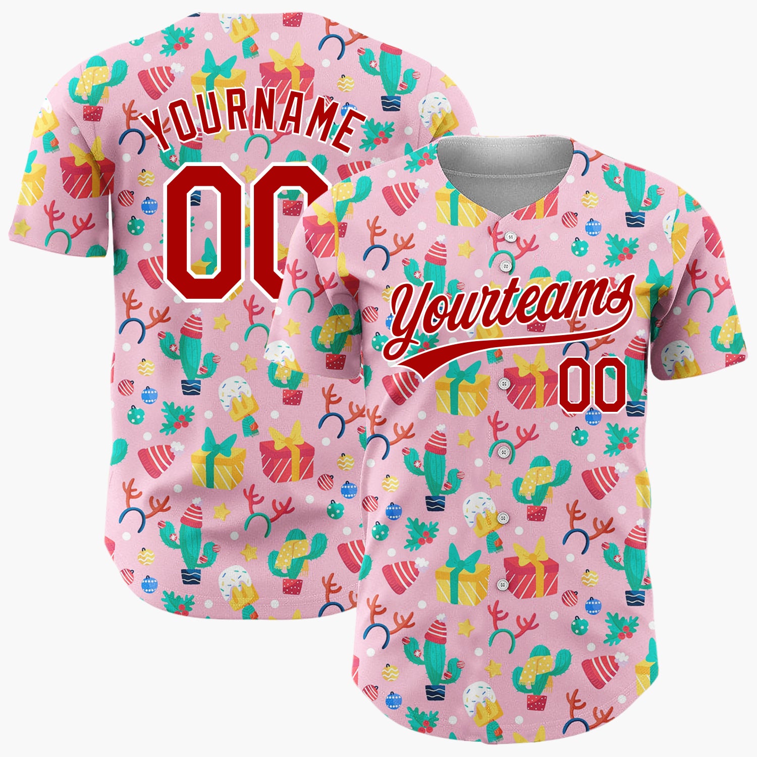 Custom Pink Cactus Gifts And Christmas Hats Fun Festive Pattern Christmas Baseball Jersey