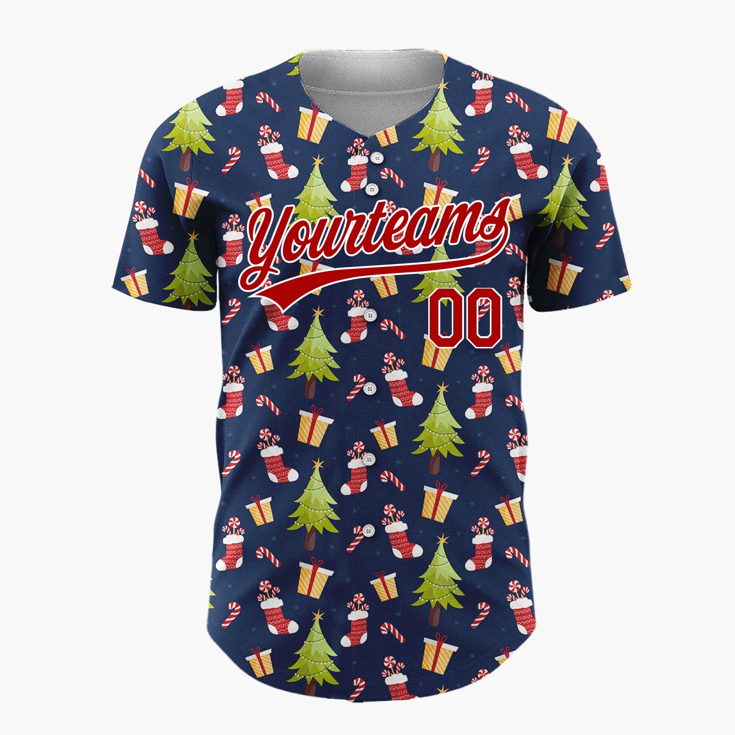 Custom Navy Green Red Christmas Trees Gifts And Stockings Holiday Pattern Christmas Baseball Jersey