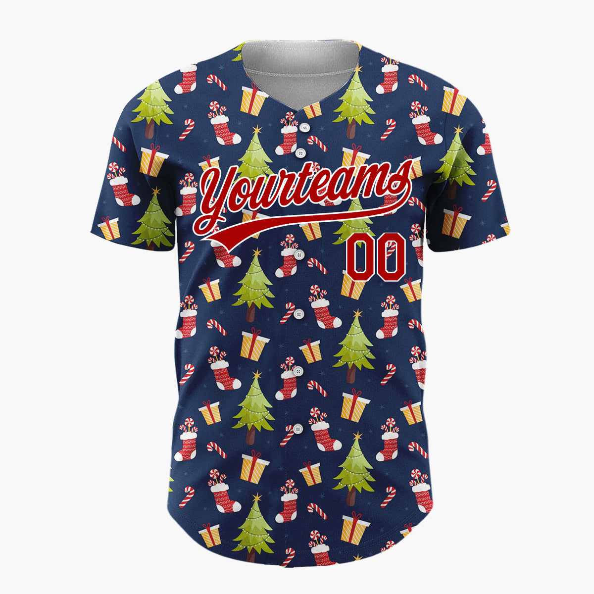 Custom Navy Green Red Christmas Trees Gifts And Stockings Holiday Pattern Christmas Baseball Jersey