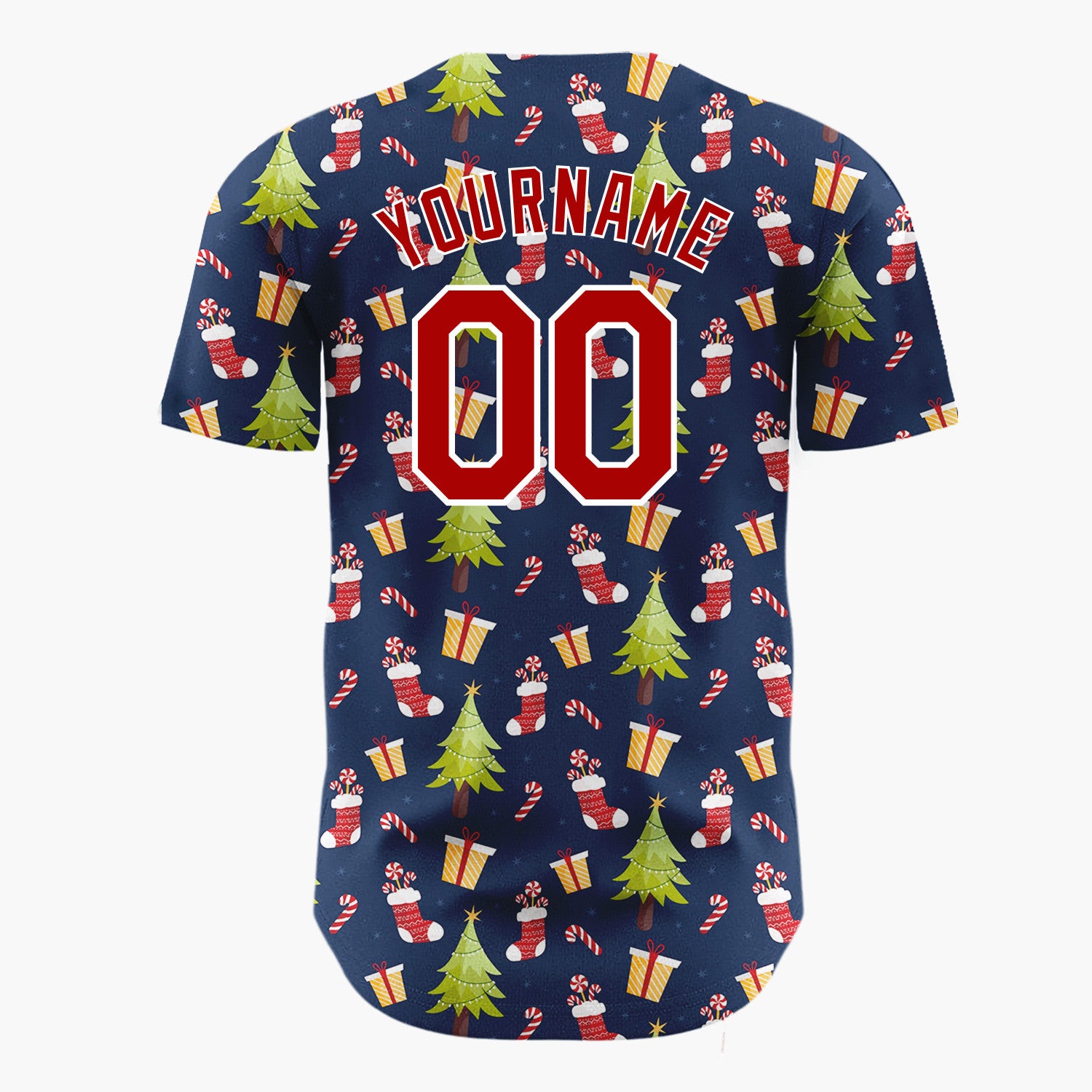 Custom Navy Green Red Christmas Trees Gifts And Stockings Holiday Pattern Christmas Baseball Jersey