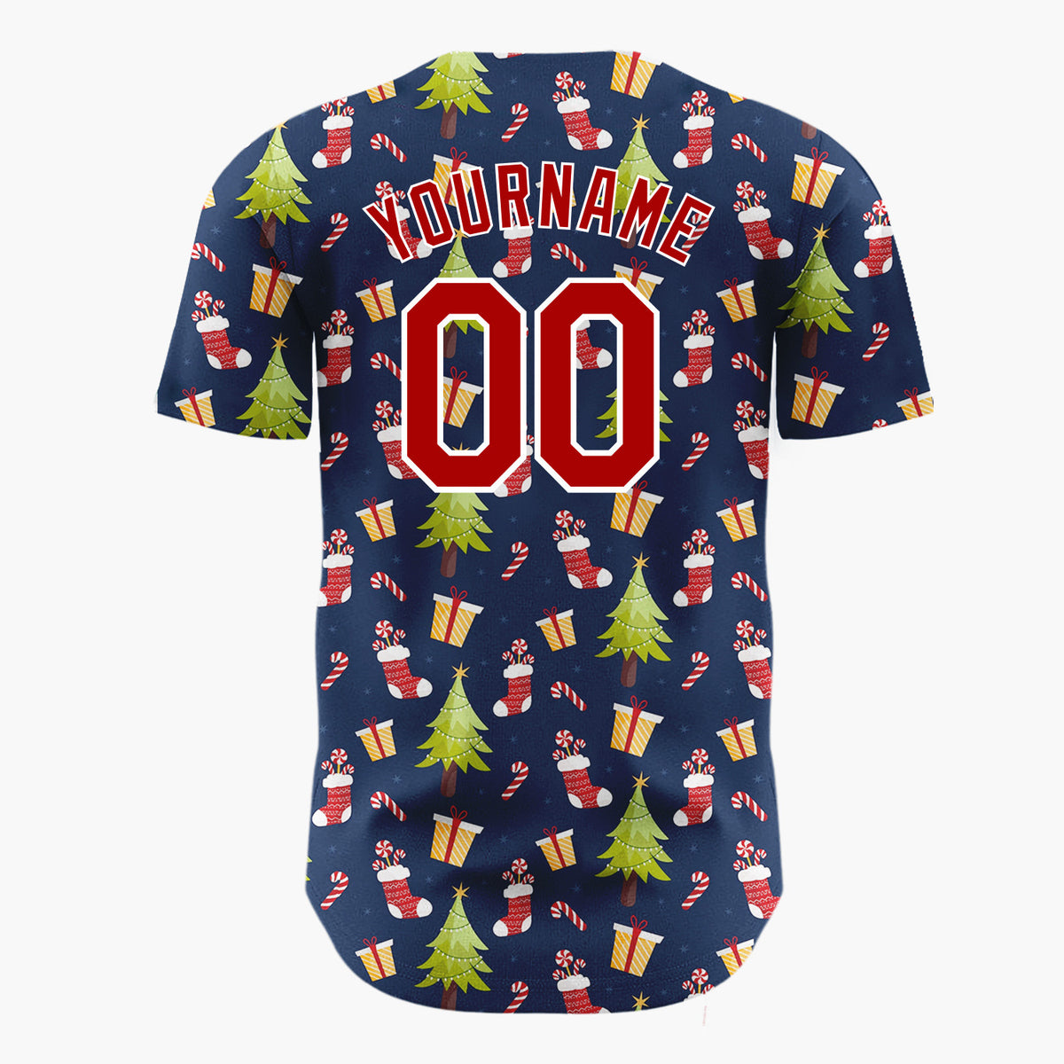 Custom Navy Green Red Christmas Trees Gifts And Stockings Holiday Pattern Christmas Baseball Jersey