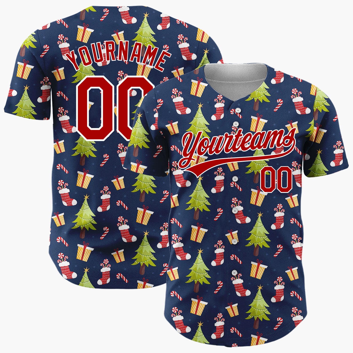Custom Navy Green Red Christmas Trees Gifts And Stockings Holiday Pattern Christmas Baseball Jersey