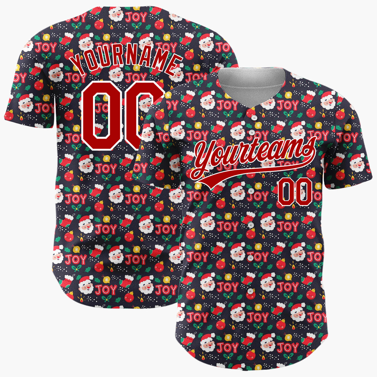 Custom Navy Red Green Santa Joy And Ornaments Merry Christmas Baseball Jersey