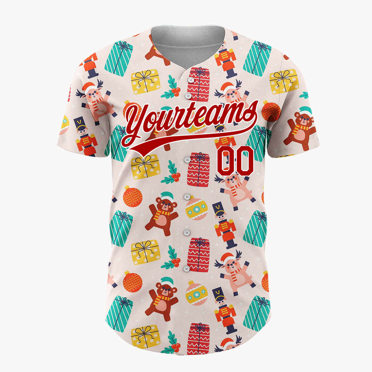 Custom Pink Red Toys Presents And Ornaments Christmas Toy Pattern Christmas Baseball Jersey