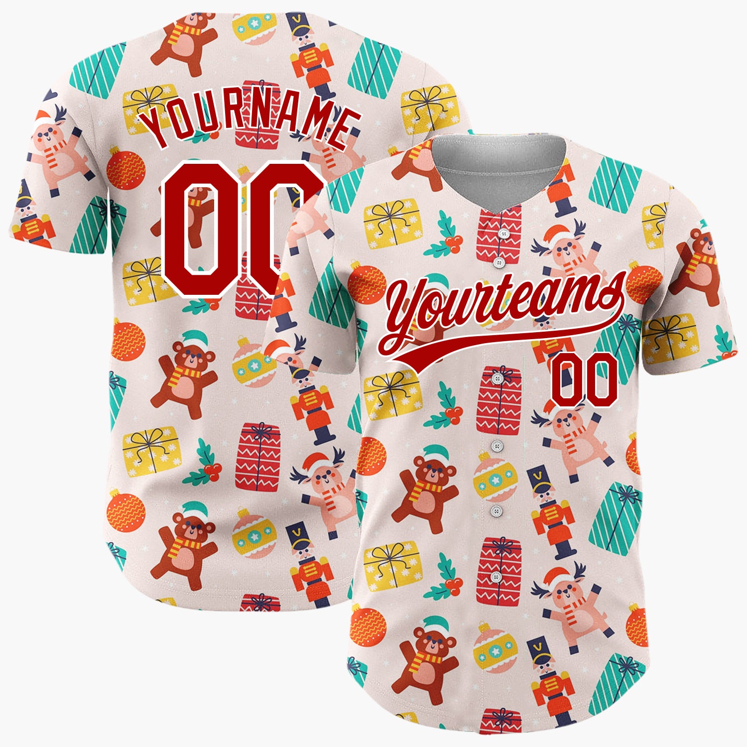 Custom Pink Red Toys Presents And Ornaments Christmas Toy Pattern Christmas Baseball Jersey