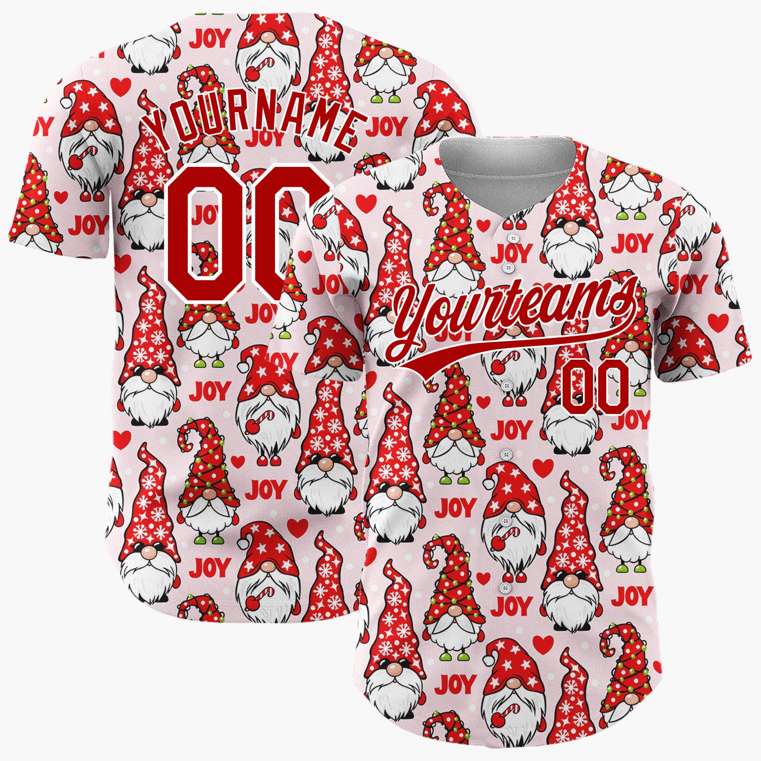 Custom Pink Gnomes Joy And Hearts Digital Christmas Baseball Jersey