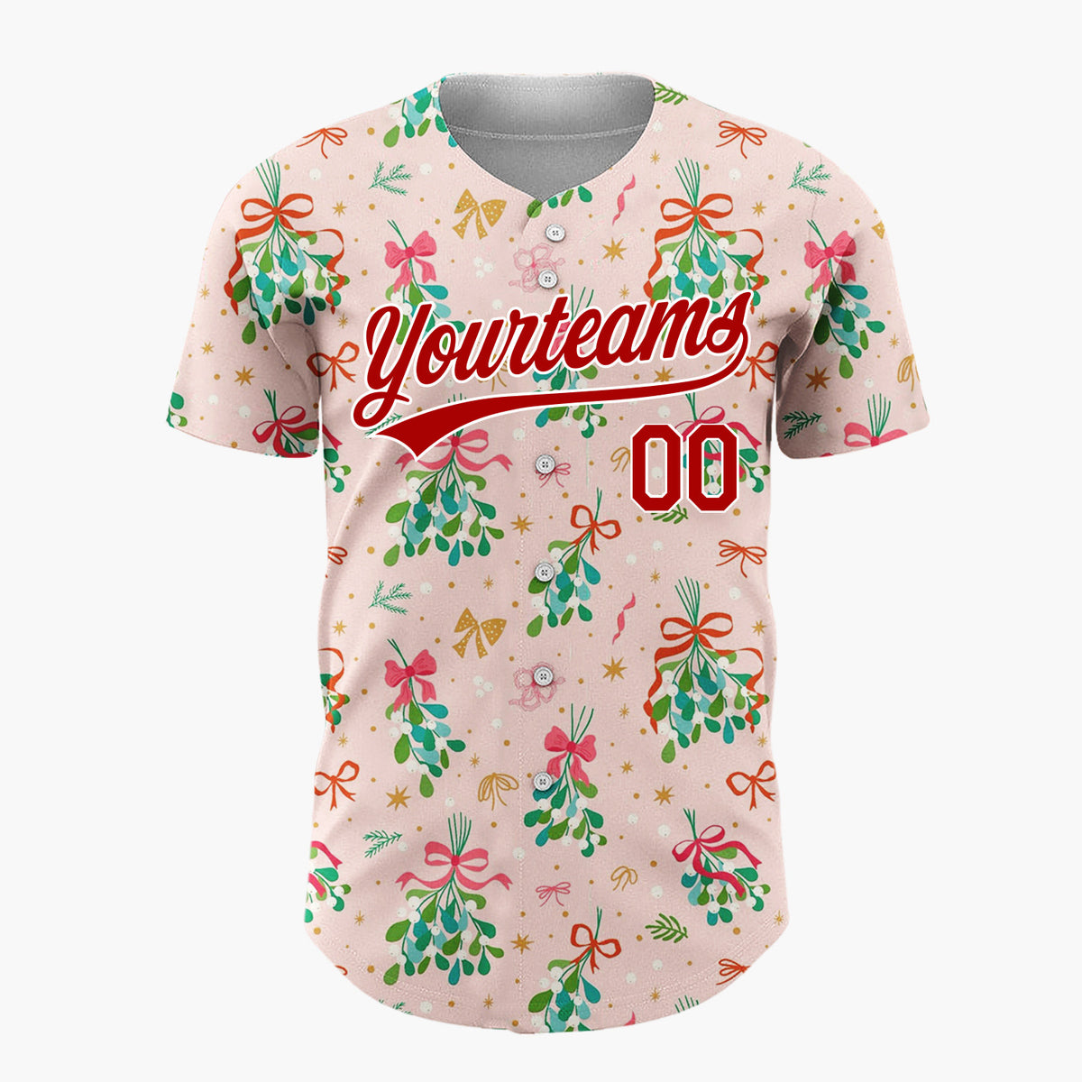 Custom Pink Mistletoe Bundles Gold Accents Festive Illustration Christmas Baseball Jersey