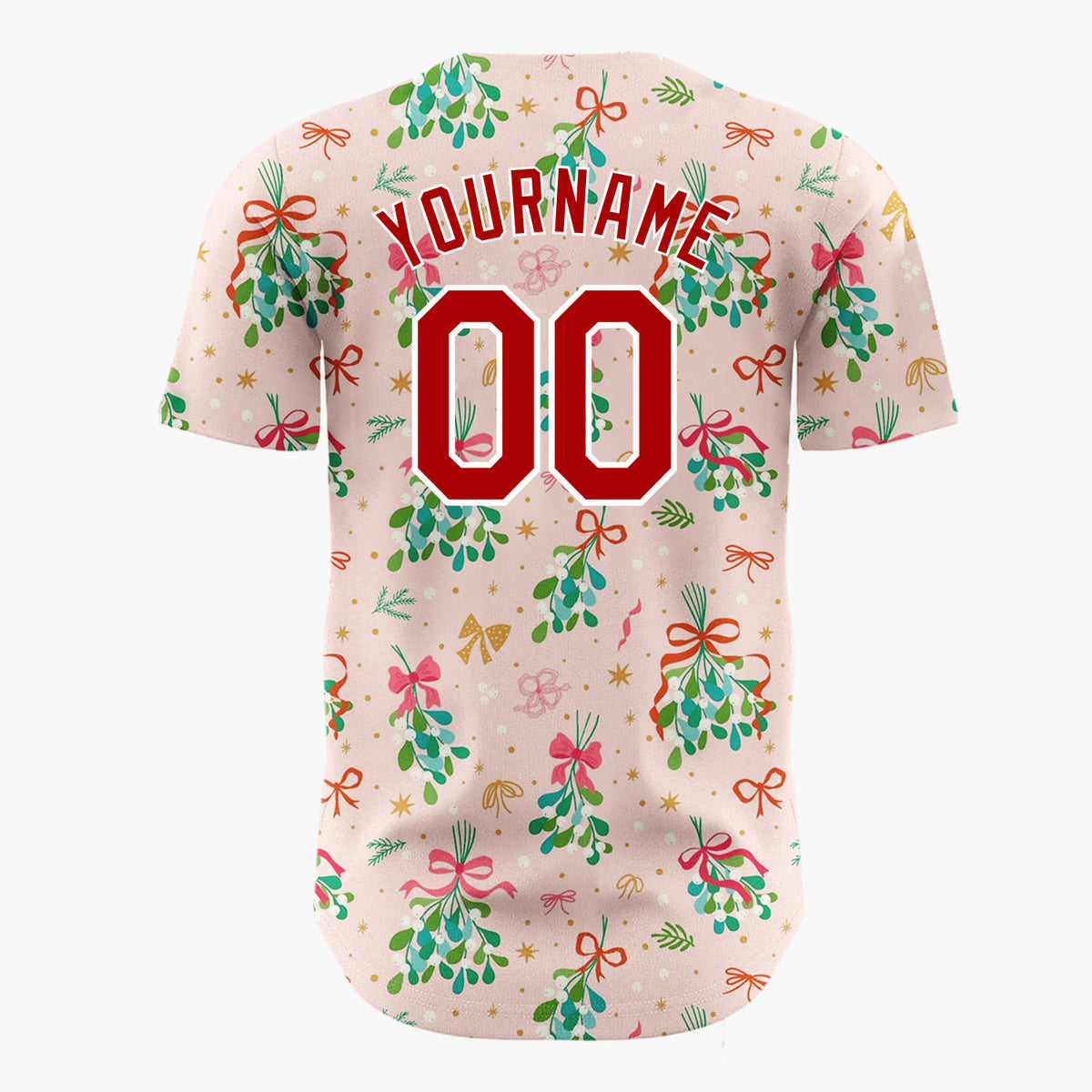 Custom Pink Mistletoe Bundles Gold Accents Festive Illustration Christmas Baseball Jersey