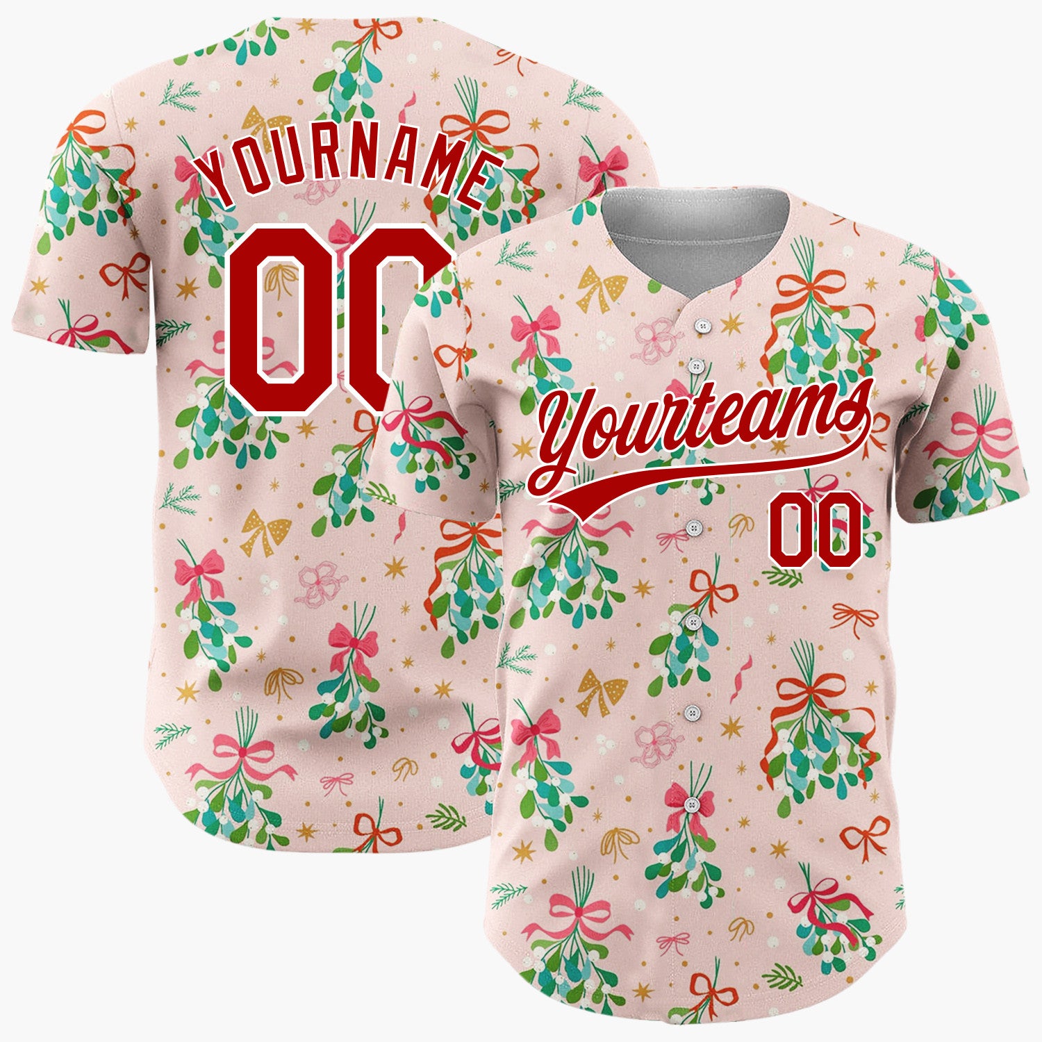 Custom Pink Mistletoe Bundles Gold Accents Festive Illustration Christmas Baseball Jersey