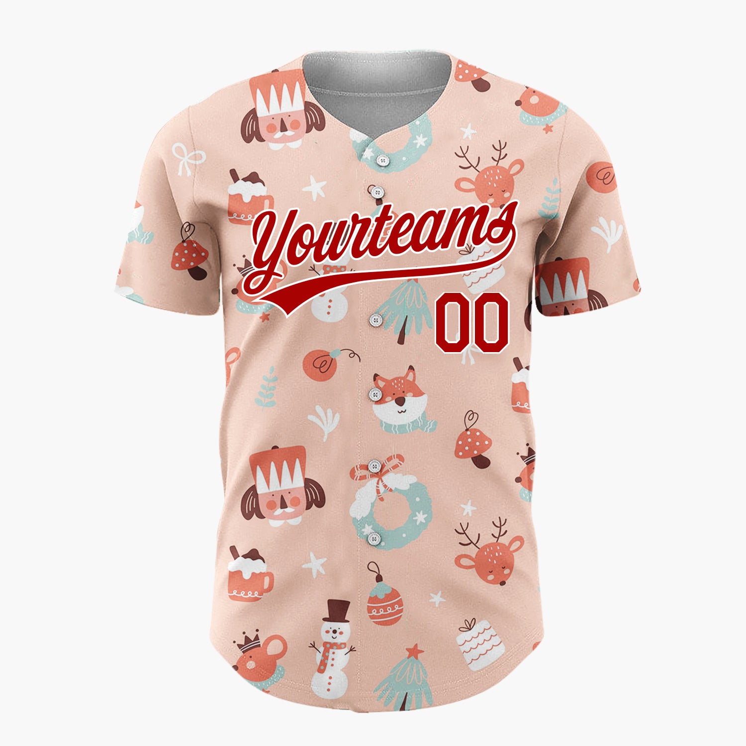 Custom Peach Red Nutcracker Reindeer Fox Cute Christmas Baseball Jersey