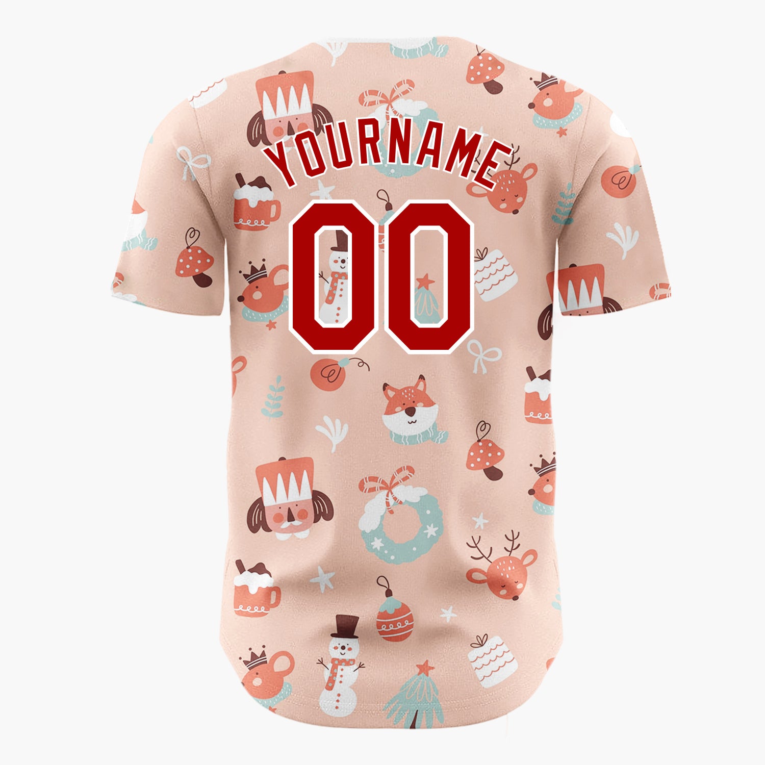 Custom Peach Red Nutcracker Reindeer Fox Cute Christmas Baseball Jersey