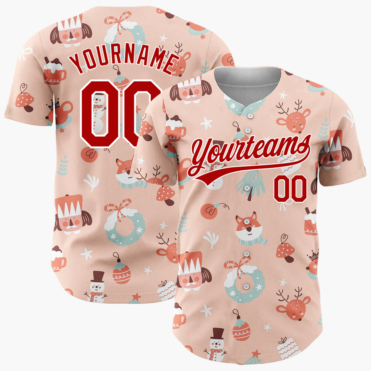 Custom Peach Red Nutcracker Reindeer Fox Cute Christmas Baseball Jersey