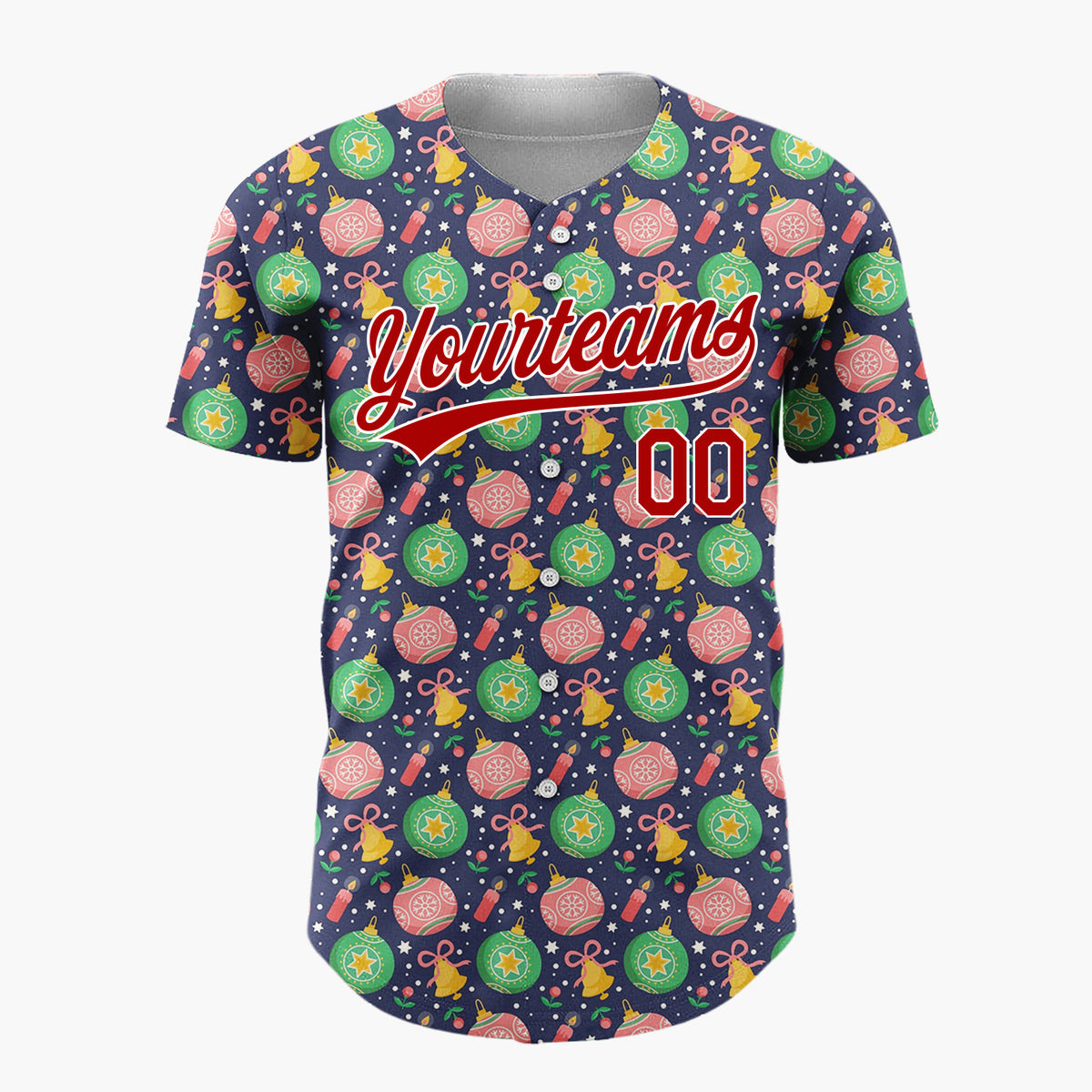 Custom Navy Green Pink Ornaments Bells And Stars Festive Christmas Baseball Jersey