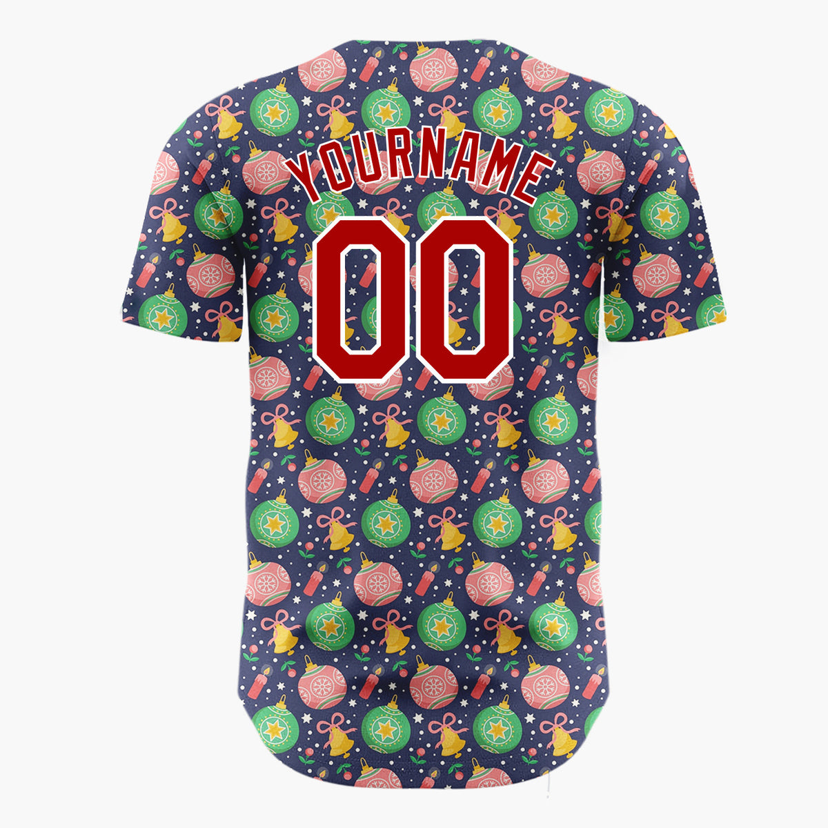 Custom Navy Green Pink Ornaments Bells And Stars Festive Christmas Baseball Jersey