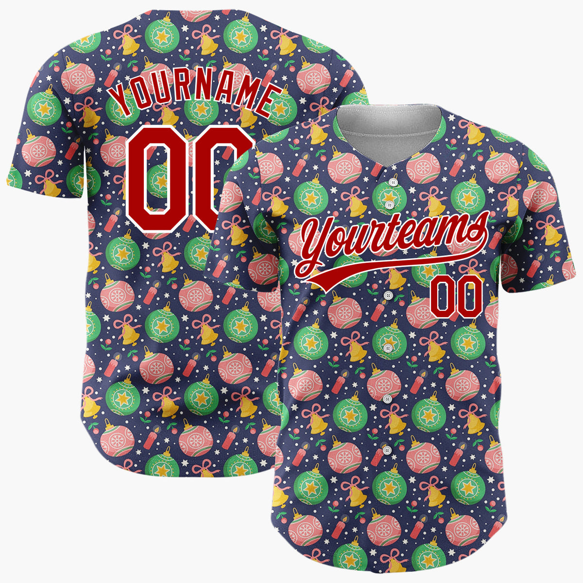 Custom Navy Green Pink Ornaments Bells And Stars Festive Christmas Baseball Jersey