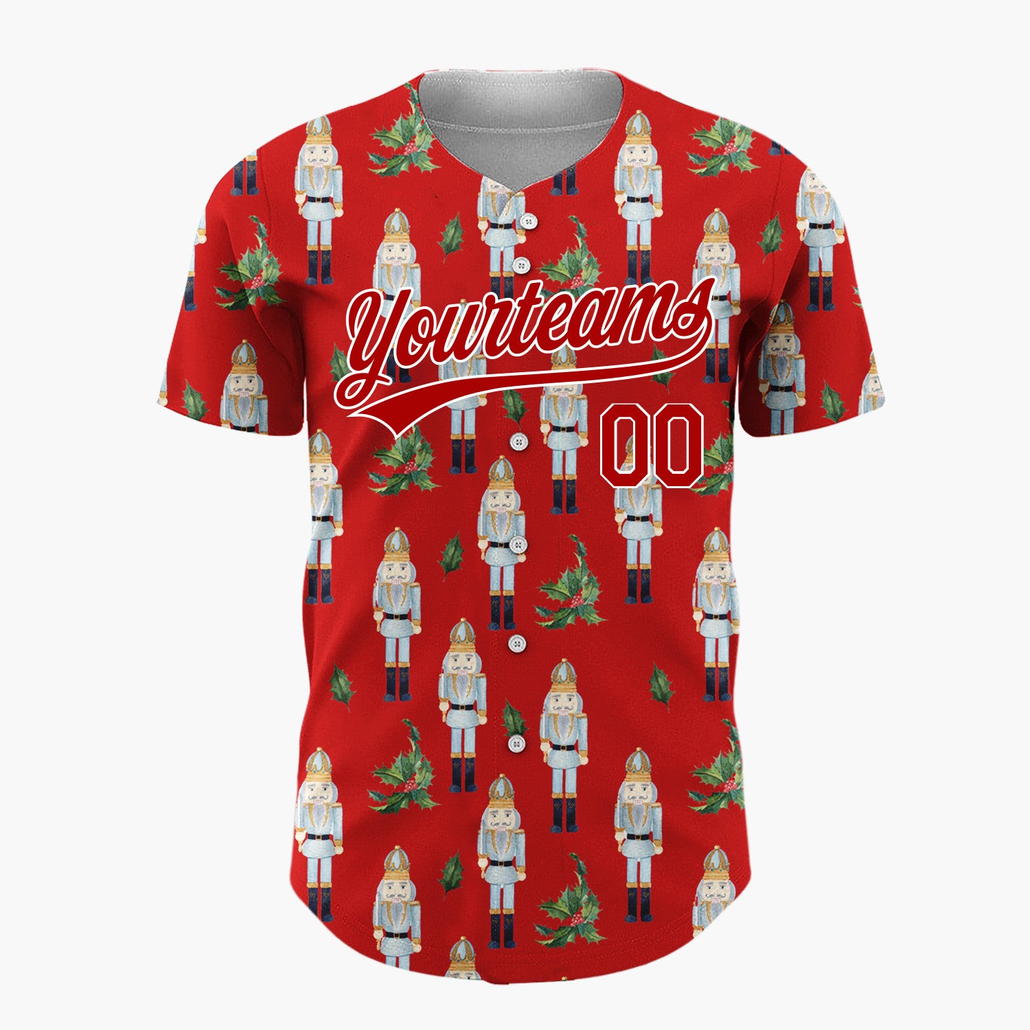Custom Red Blue Nutcracker And Holly Watercolor Pattern Christmas Baseball Jersey