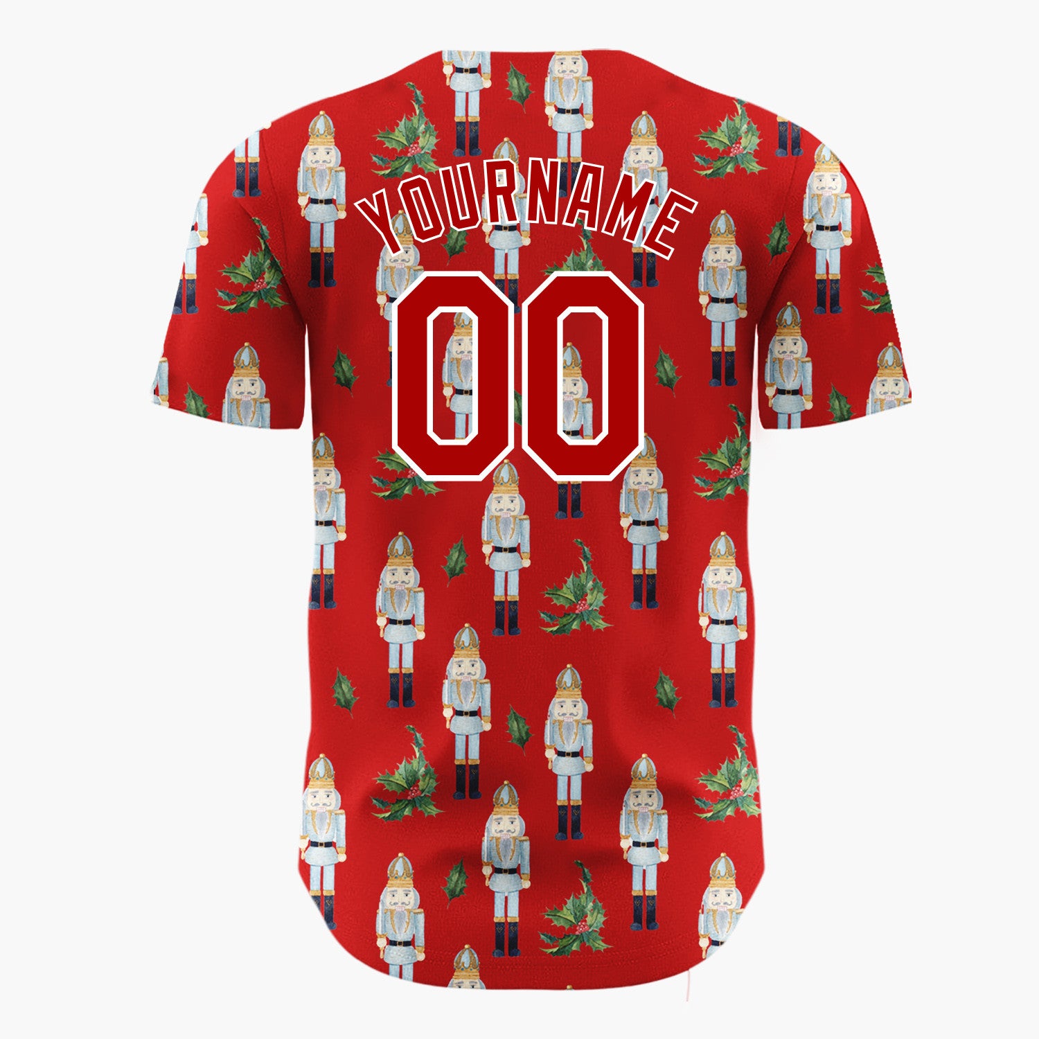 Custom Red Blue Nutcracker And Holly Watercolor Pattern Christmas Baseball Jersey