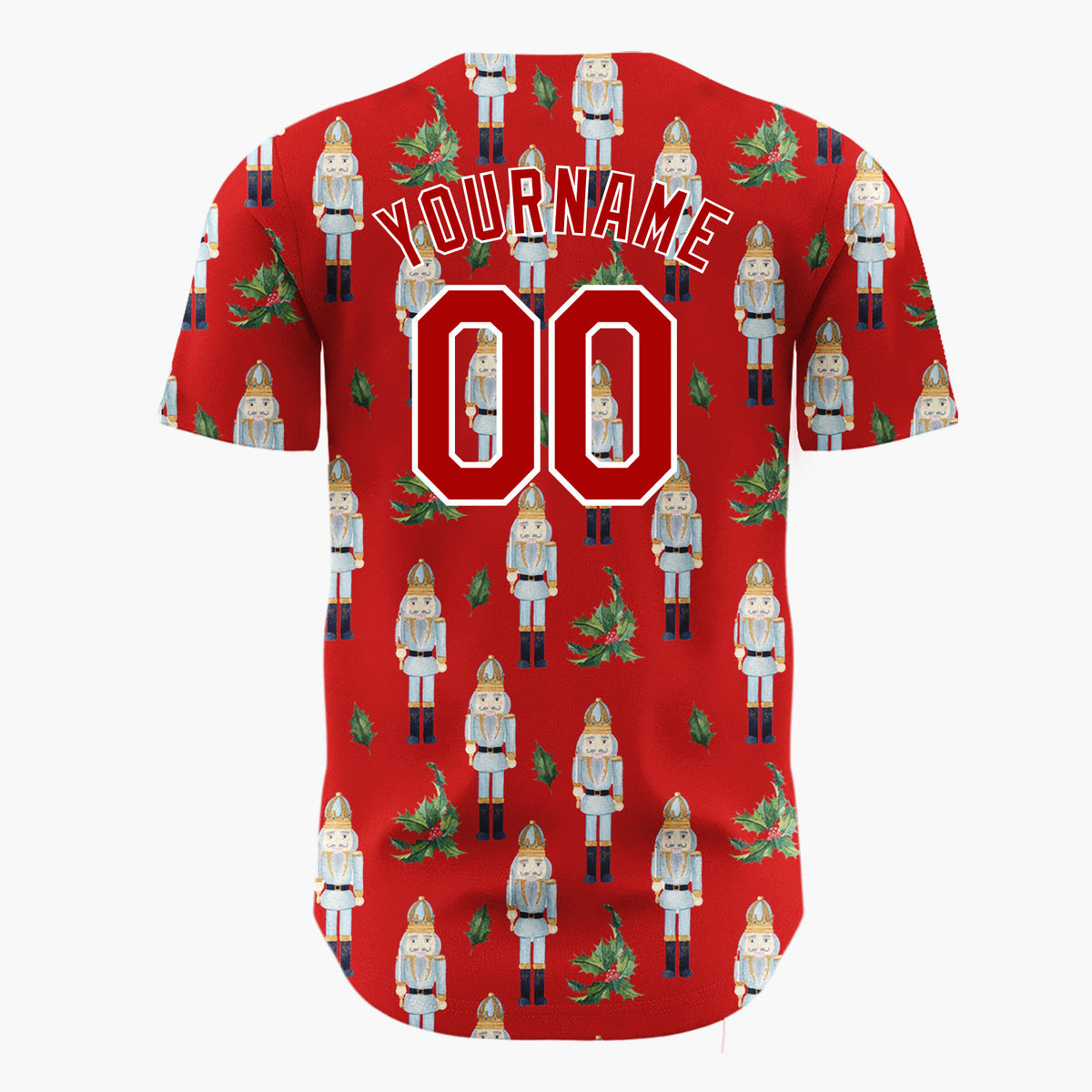 Custom Red Blue Nutcracker And Holly Watercolor Pattern Christmas Baseball Jersey