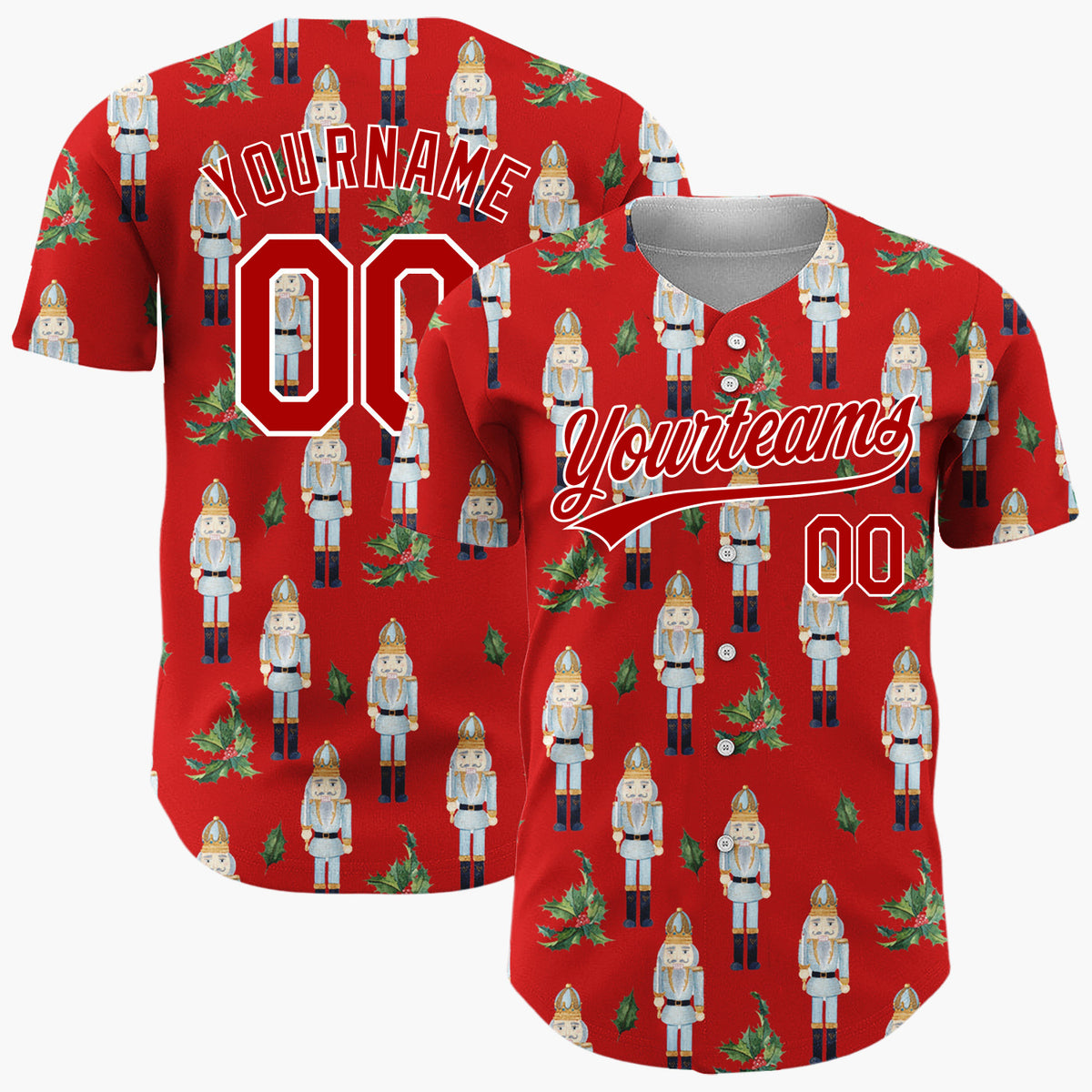 Custom Red Blue Nutcracker And Holly Watercolor Pattern Christmas Baseball Jersey