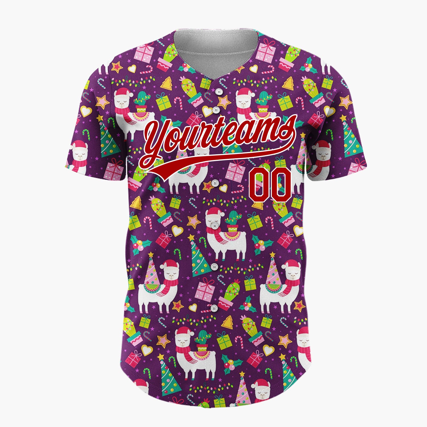 Custom Purple Multicolor Llama Cactus Tree Festive Pattern Christmas Baseball Jersey