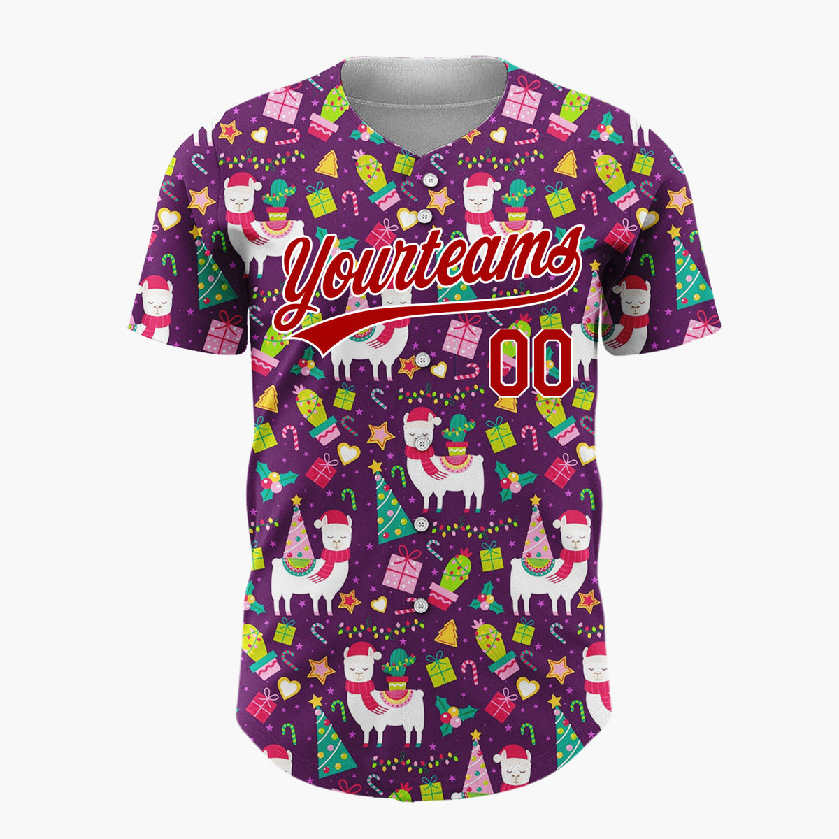 Custom Purple Multicolor Llama Cactus Tree Festive Pattern Christmas Baseball Jersey