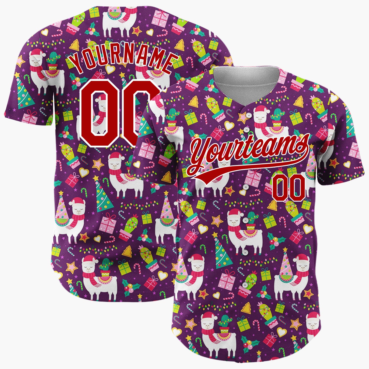 Custom Purple Multicolor Llama Cactus Tree Festive Pattern Christmas Baseball Jersey