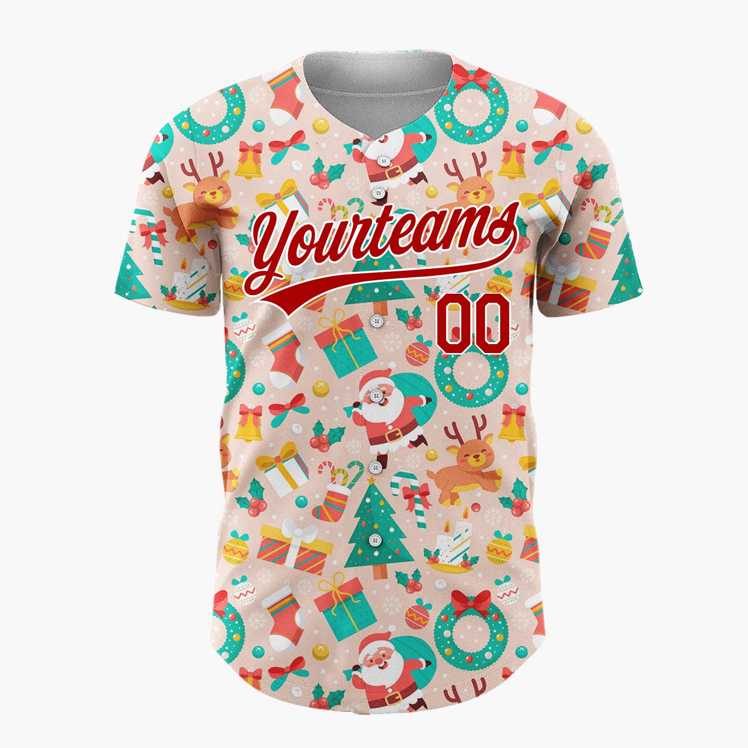 Custom Peach Green Santa Reindeers Trees And Wreaths Classic Christmas Baseball Jersey
