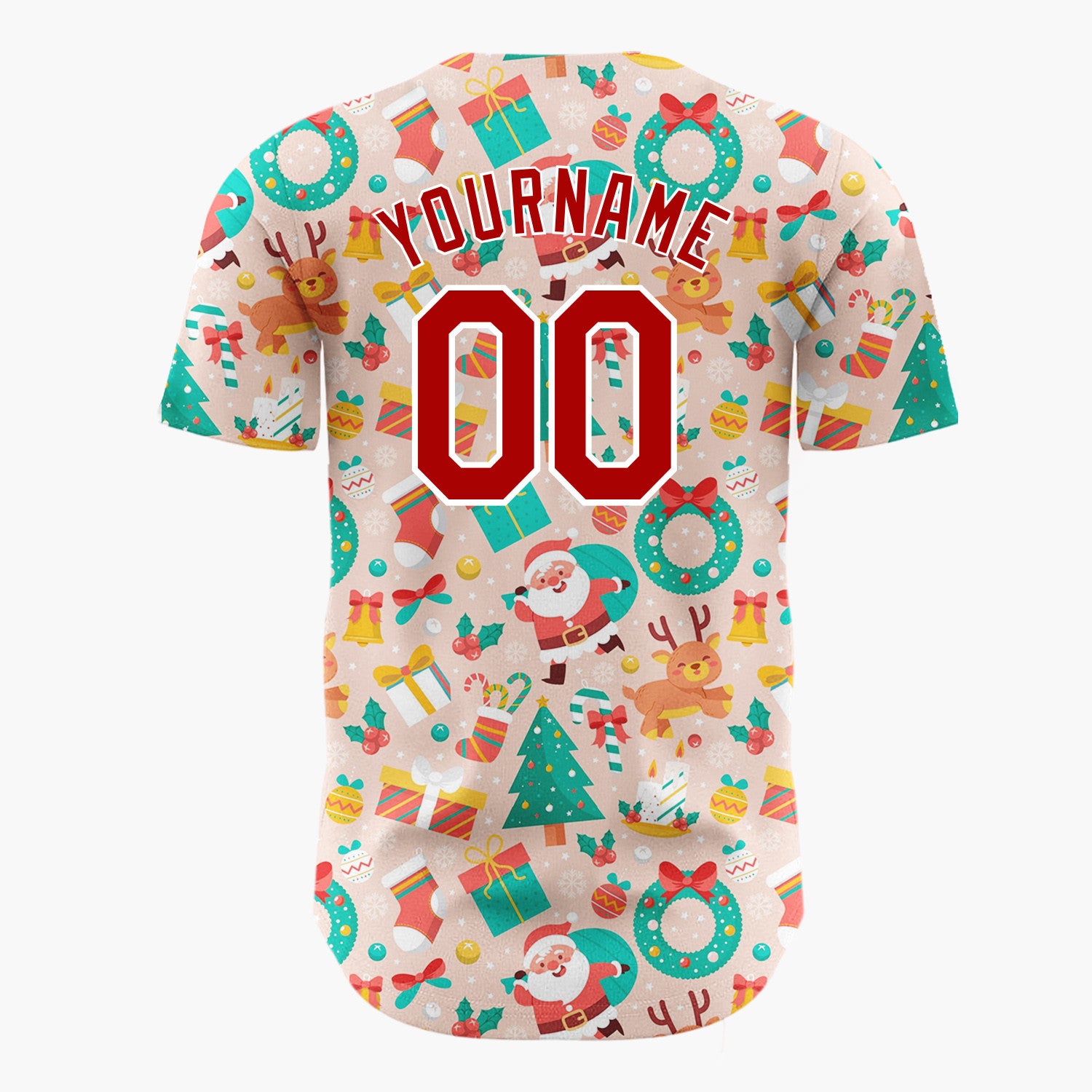 Custom Peach Green Santa Reindeers Trees And Wreaths Classic Christmas Baseball Jersey