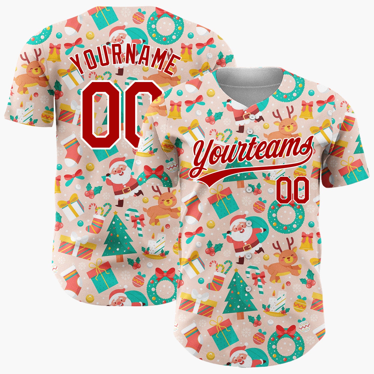 Custom Peach Green Santa Reindeers Trees And Wreaths Classic Christmas Baseball Jersey