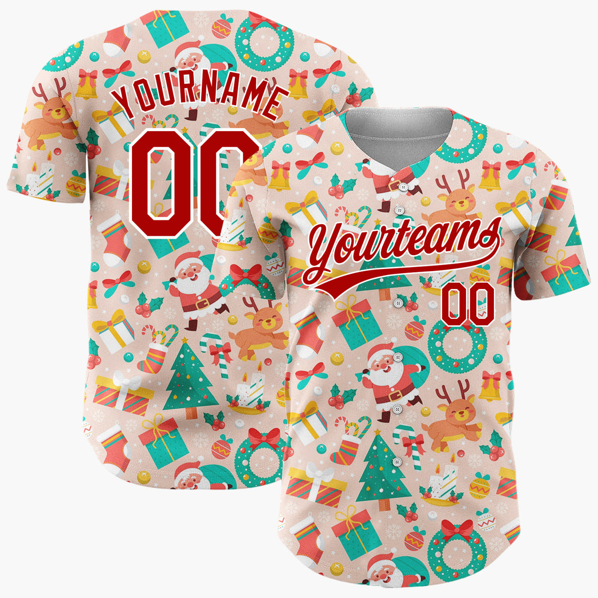 Custom Peach Green Santa Reindeers Trees And Wreaths Classic Christmas Baseball Jersey