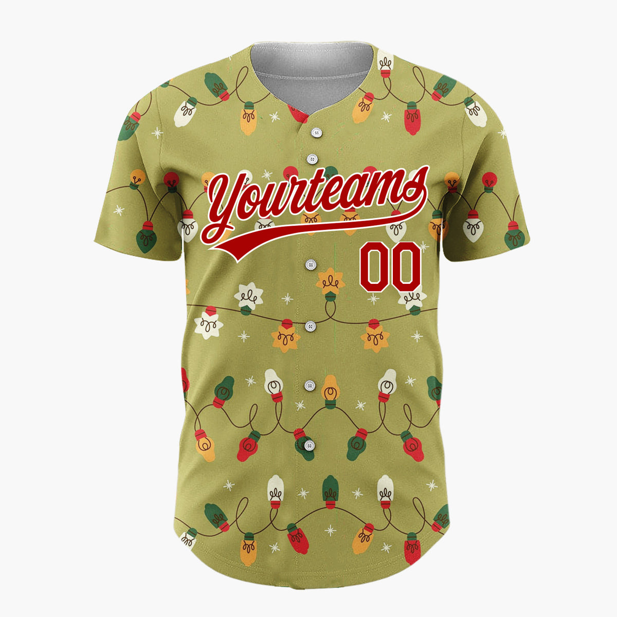 Custom Olive Green Retro Christmas Lights Wavy Pattern Christmas Baseball Jersey
