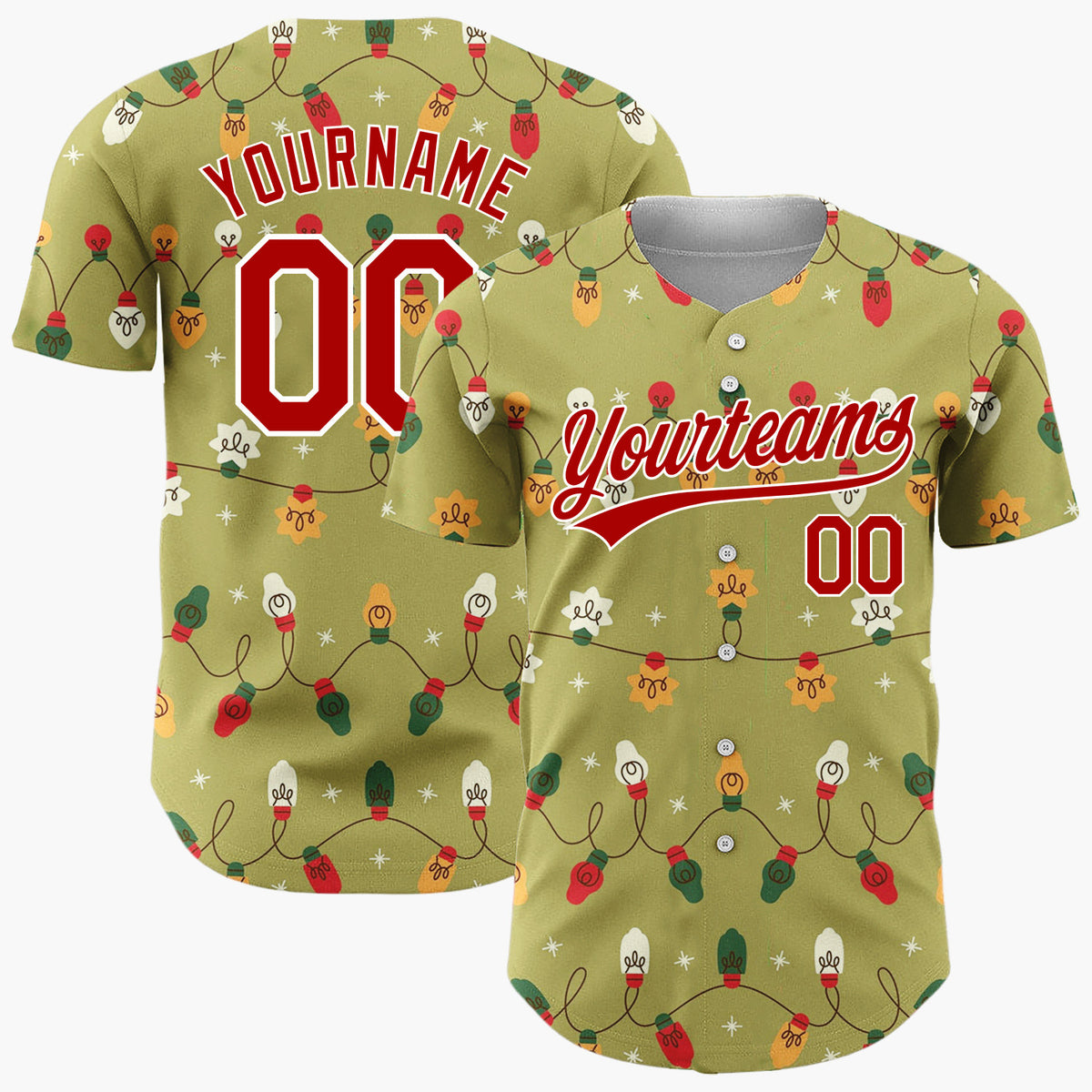Custom Olive Green Retro Christmas Lights Wavy Pattern Christmas Baseball Jersey