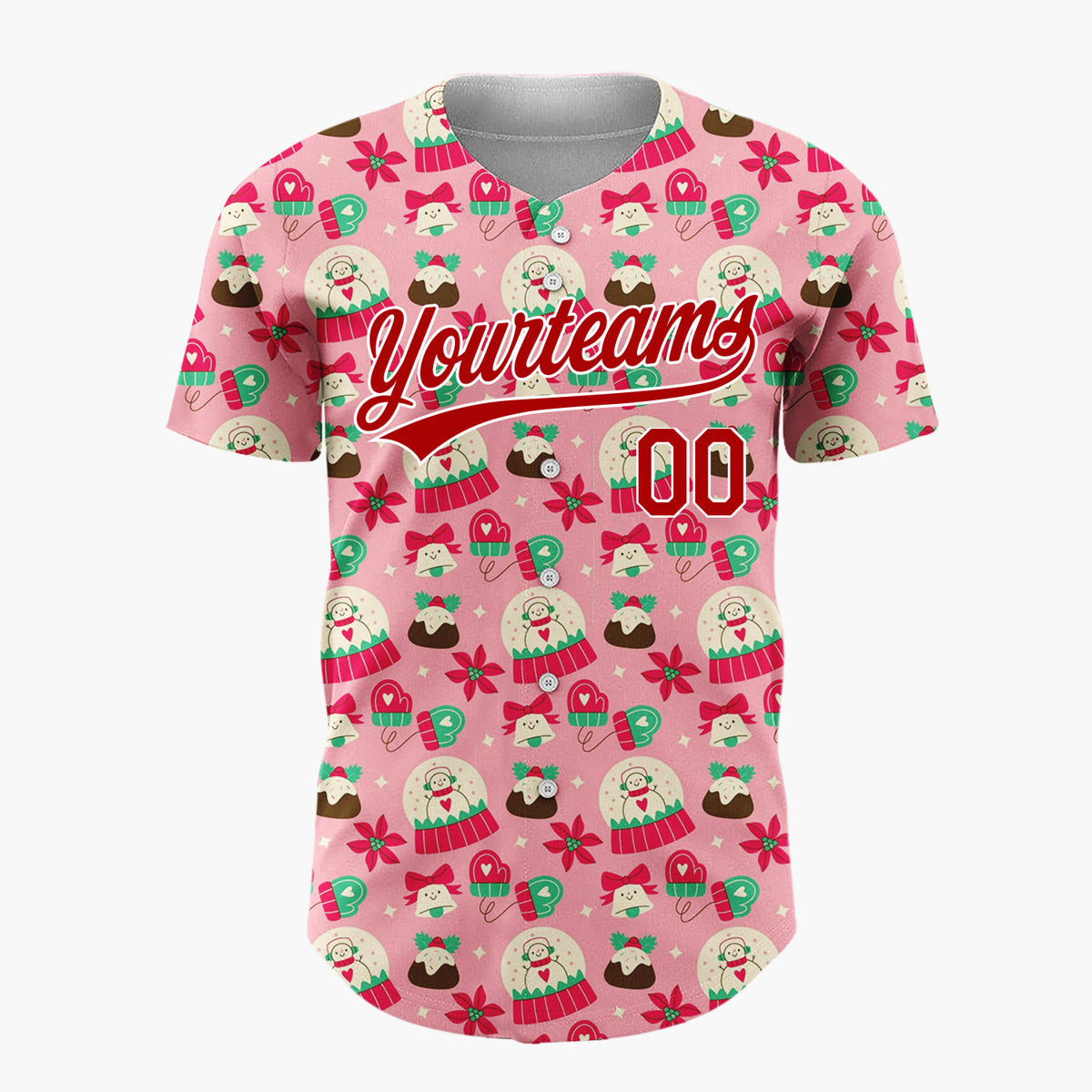 Custom Pink Red Snow Globes Puddings And Mittens Christmas Cartoon Pattern Christmas Baseball Jersey