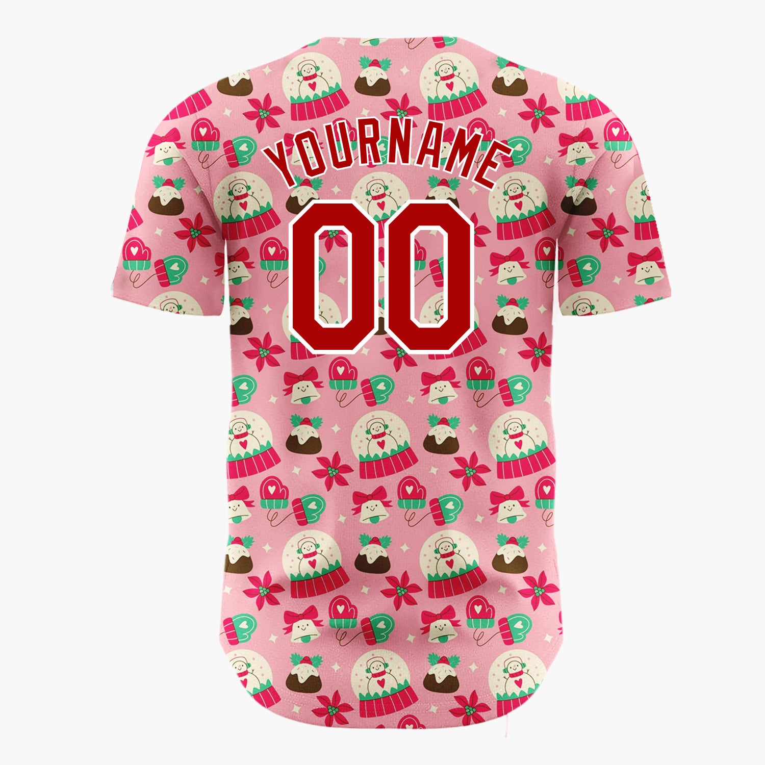 Custom Pink Red Snow Globes Puddings And Mittens Christmas Cartoon Pattern Christmas Baseball Jersey