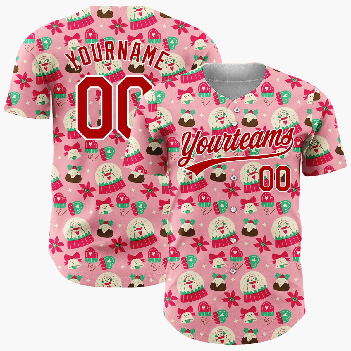Custom Pink Red Snow Globes Puddings And Mittens Christmas Cartoon Pattern Christmas Baseball Jersey