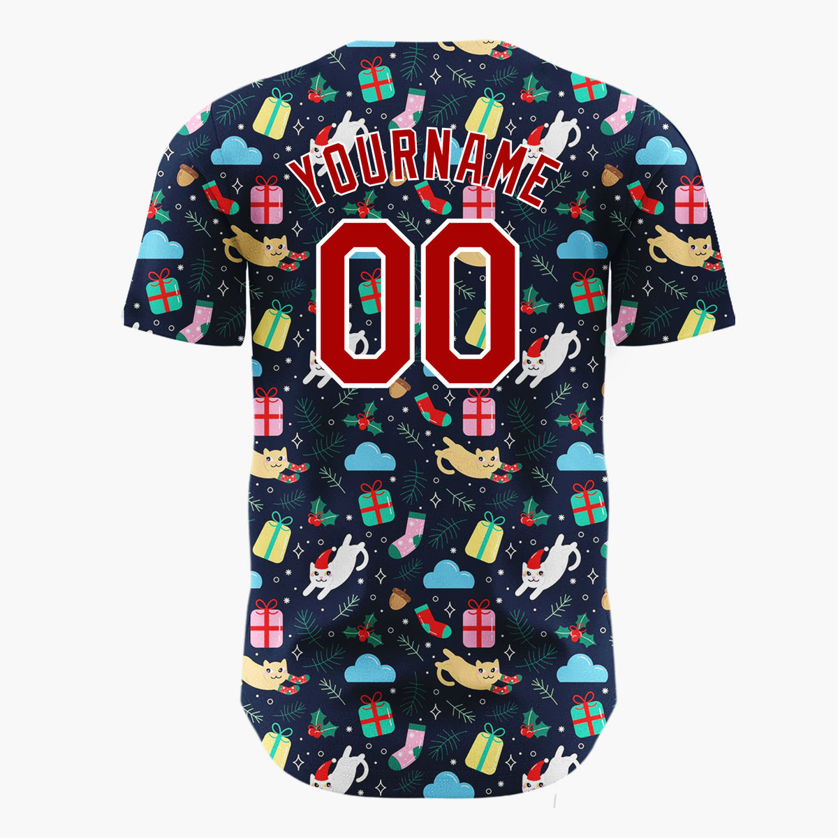 Custom Navy Yellow Cats Gifts And Socks Fun Holiday Pattern Christmas Baseball Jersey
