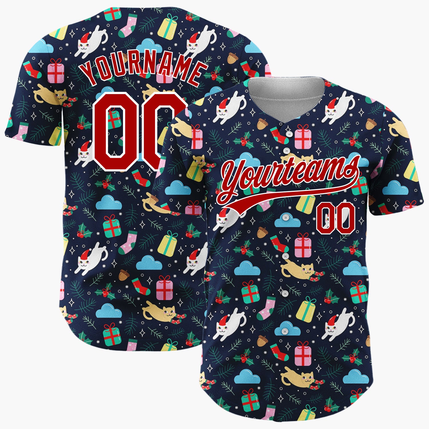 Custom Navy Yellow Cats Gifts And Socks Fun Holiday Pattern Christmas Baseball Jersey