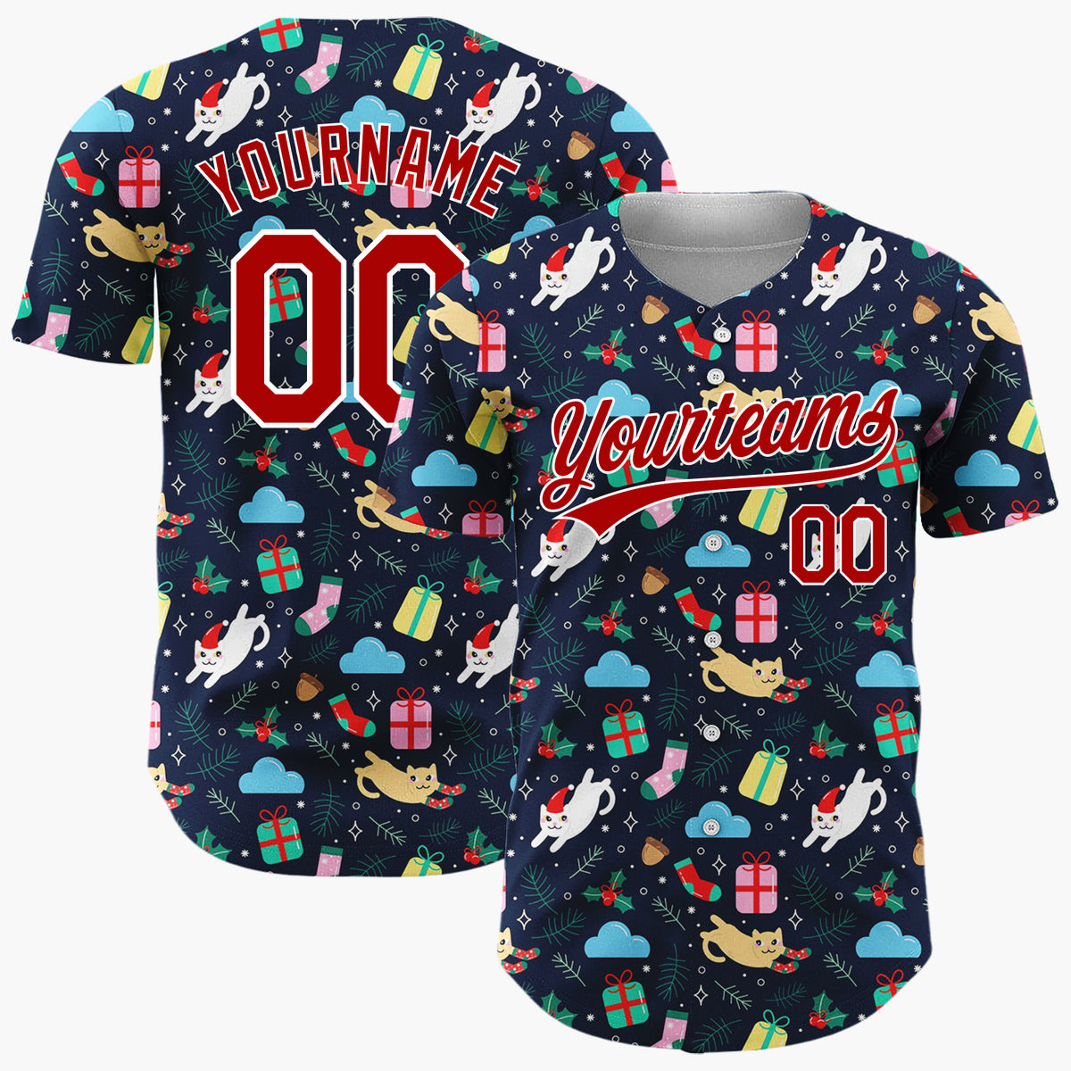 Custom Navy Yellow Cats Gifts And Socks Fun Holiday Pattern Christmas Baseball Jersey