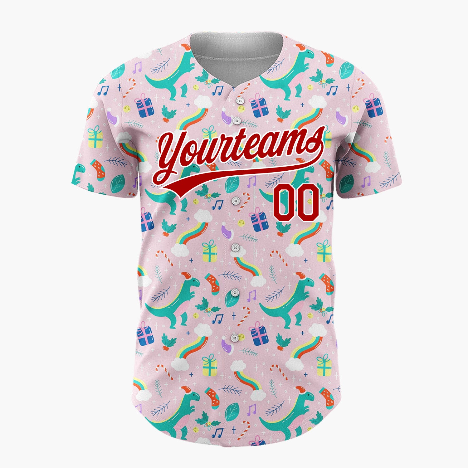 Custom Pink Green Dinosaurs With Gifts And Rainbows Fun Christmas Baseball Jersey