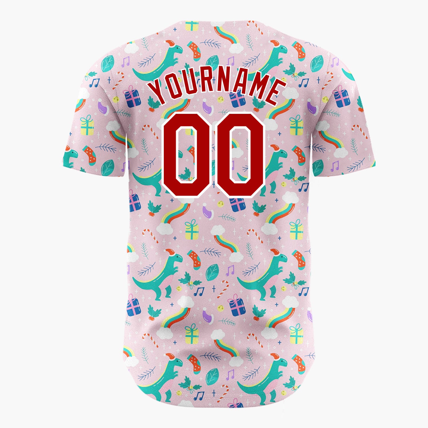 Custom Pink Green Dinosaurs With Gifts And Rainbows Fun Christmas Baseball Jersey