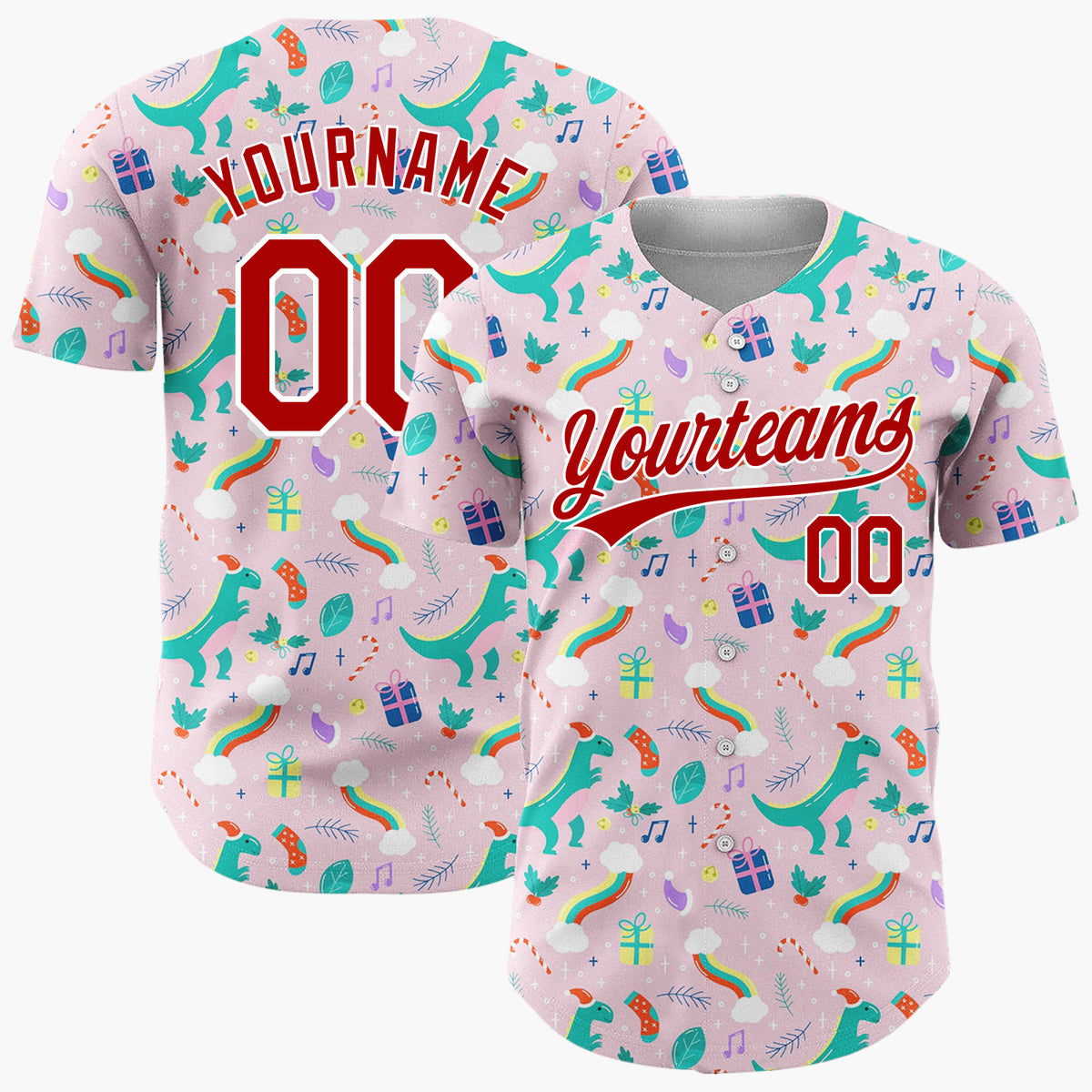 Custom Pink Green Dinosaurs With Gifts And Rainbows Fun Christmas Baseball Jersey