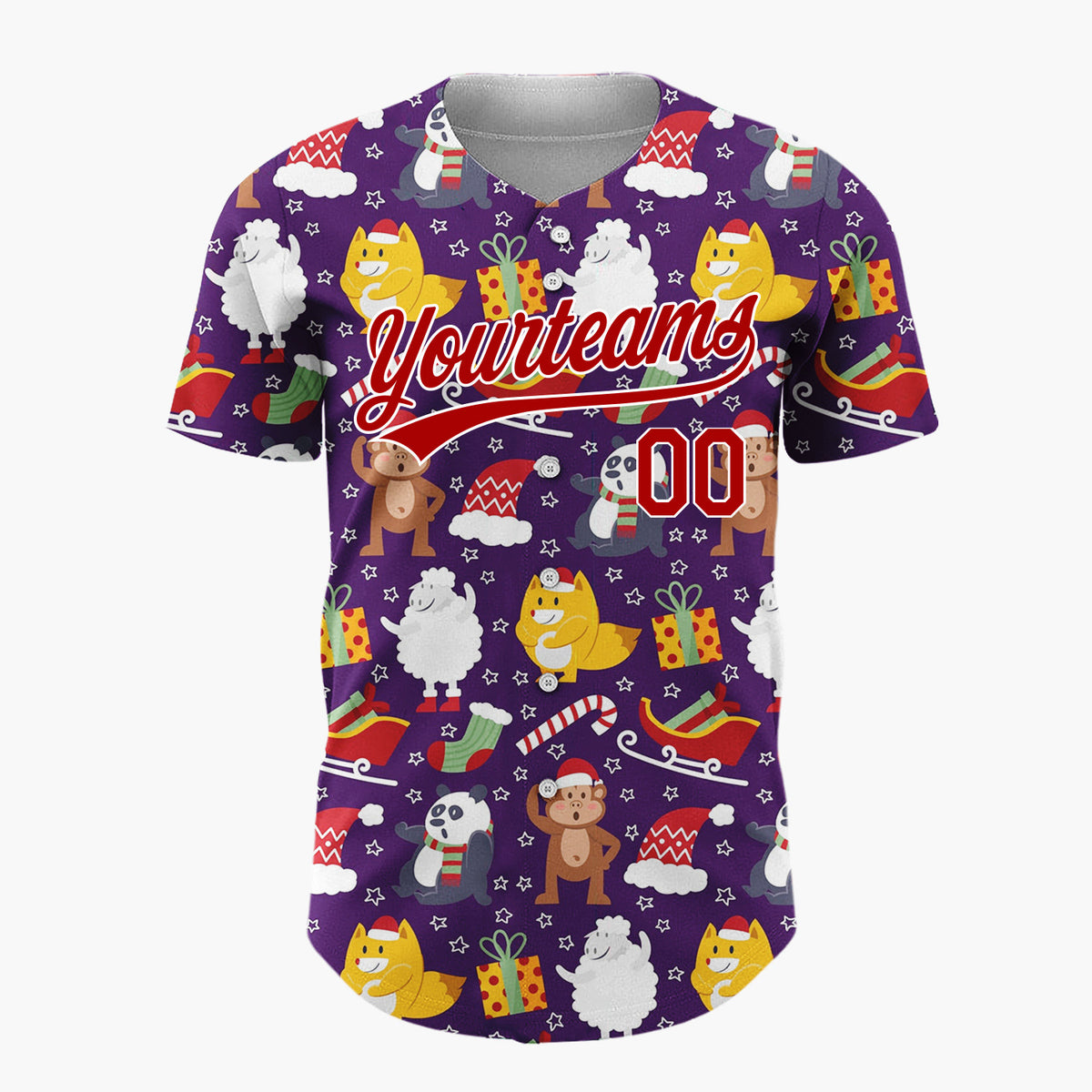 Custom Purple Red Yellow Foxes Pandas And Gifts Cartoon Christmas Baseball Jersey