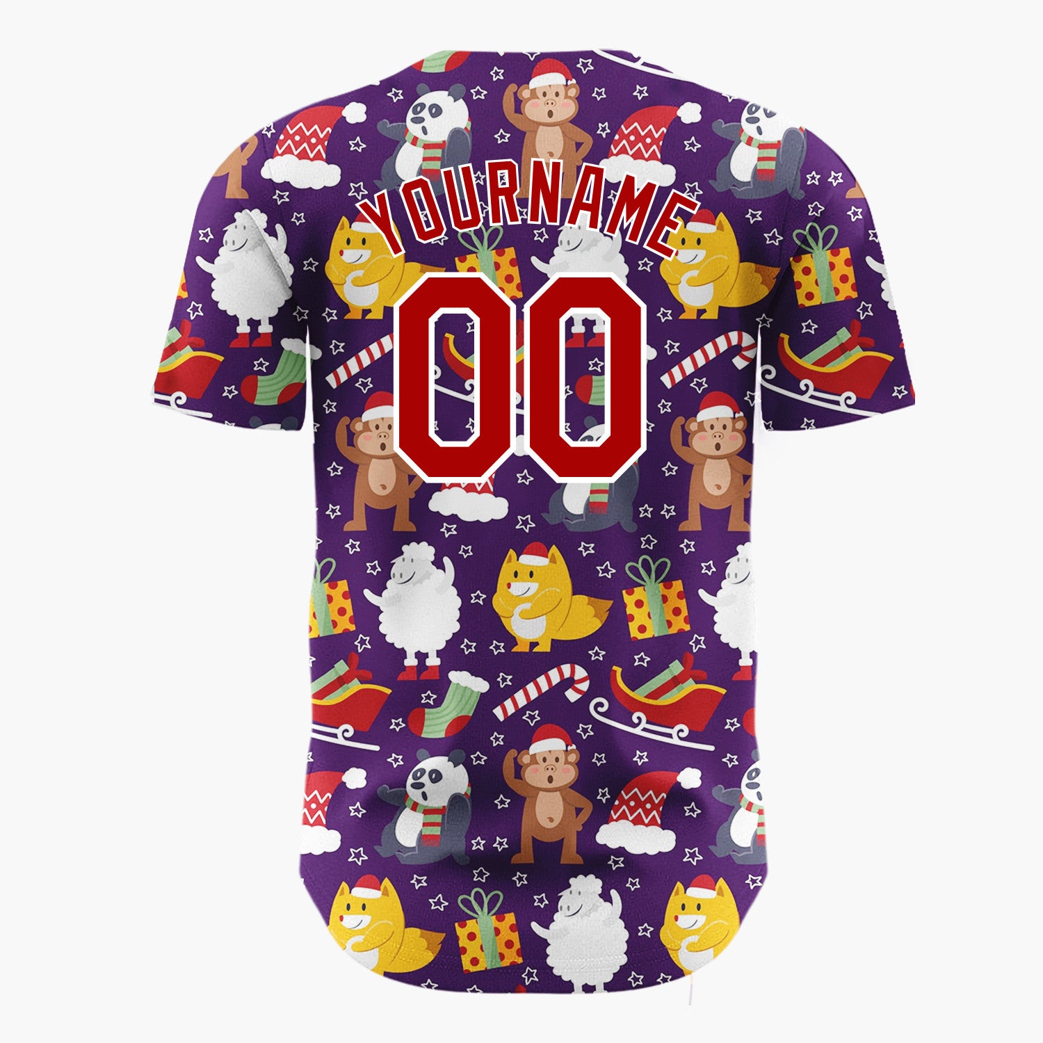 Custom Purple Red Yellow Foxes Pandas And Gifts Cartoon Christmas Baseball Jersey