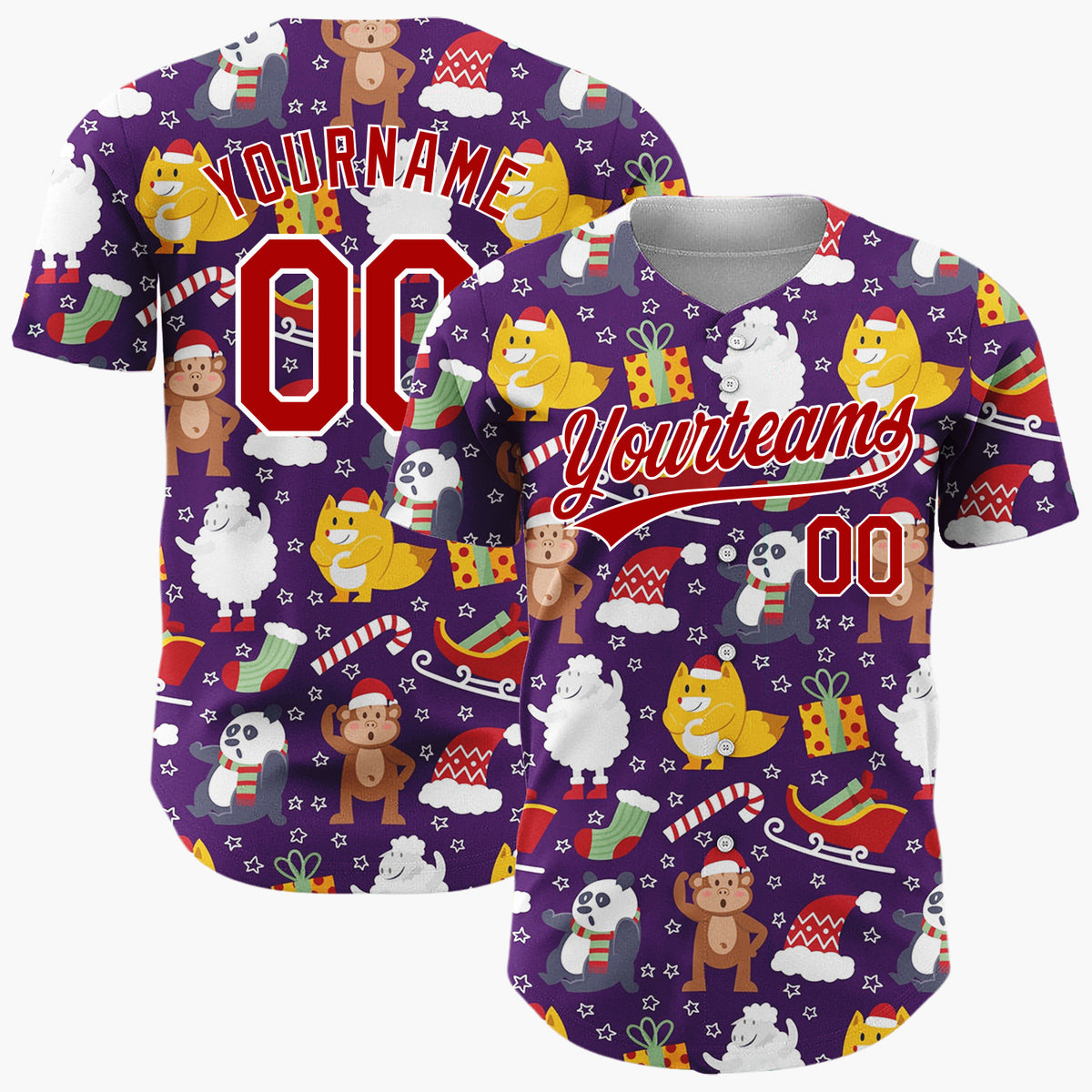 Custom Purple Red Yellow Foxes Pandas And Gifts Cartoon Christmas Baseball Jersey
